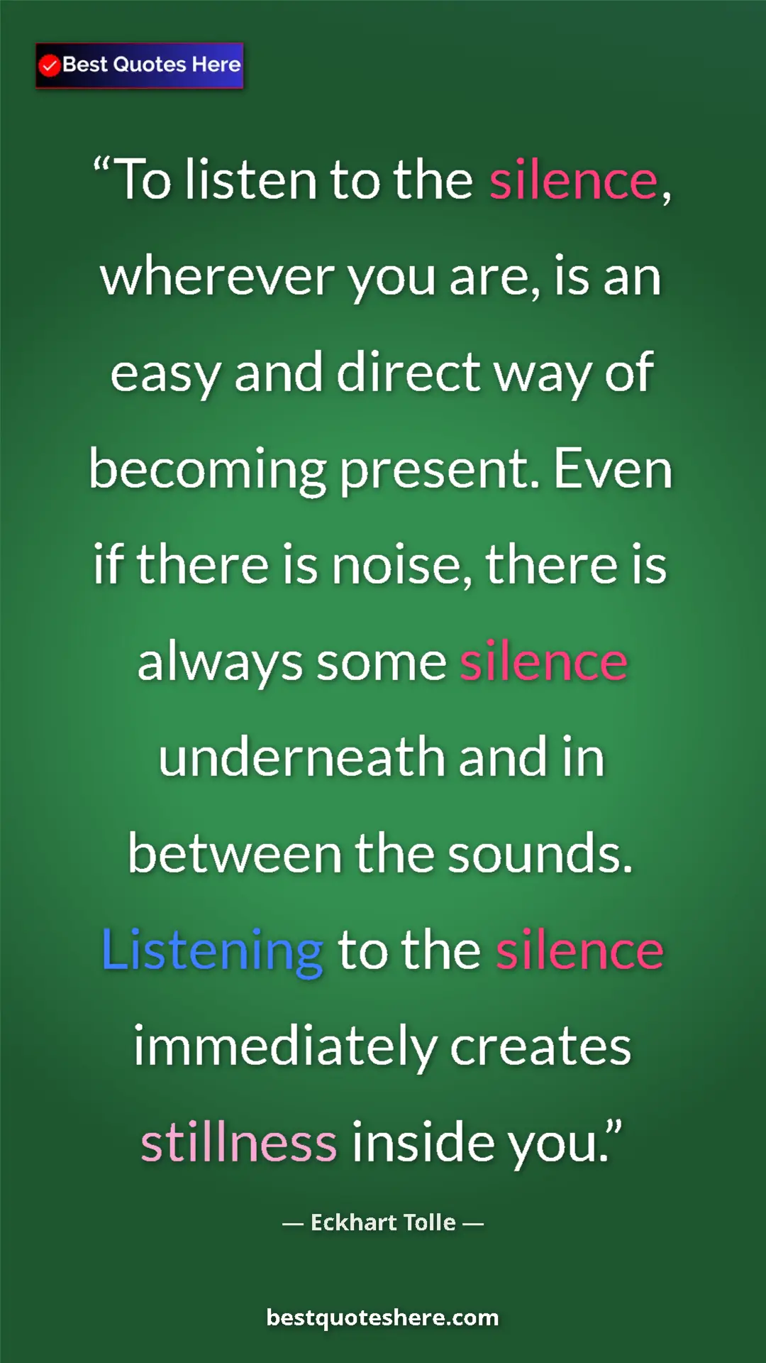Eckhart Tolle Quote Card: "To listen to the silence, wherever you are, is an easy and..." Pinterest quote poster by Eckhart Tolle: "To listen to the silence, wherever you are, is an easy and..."