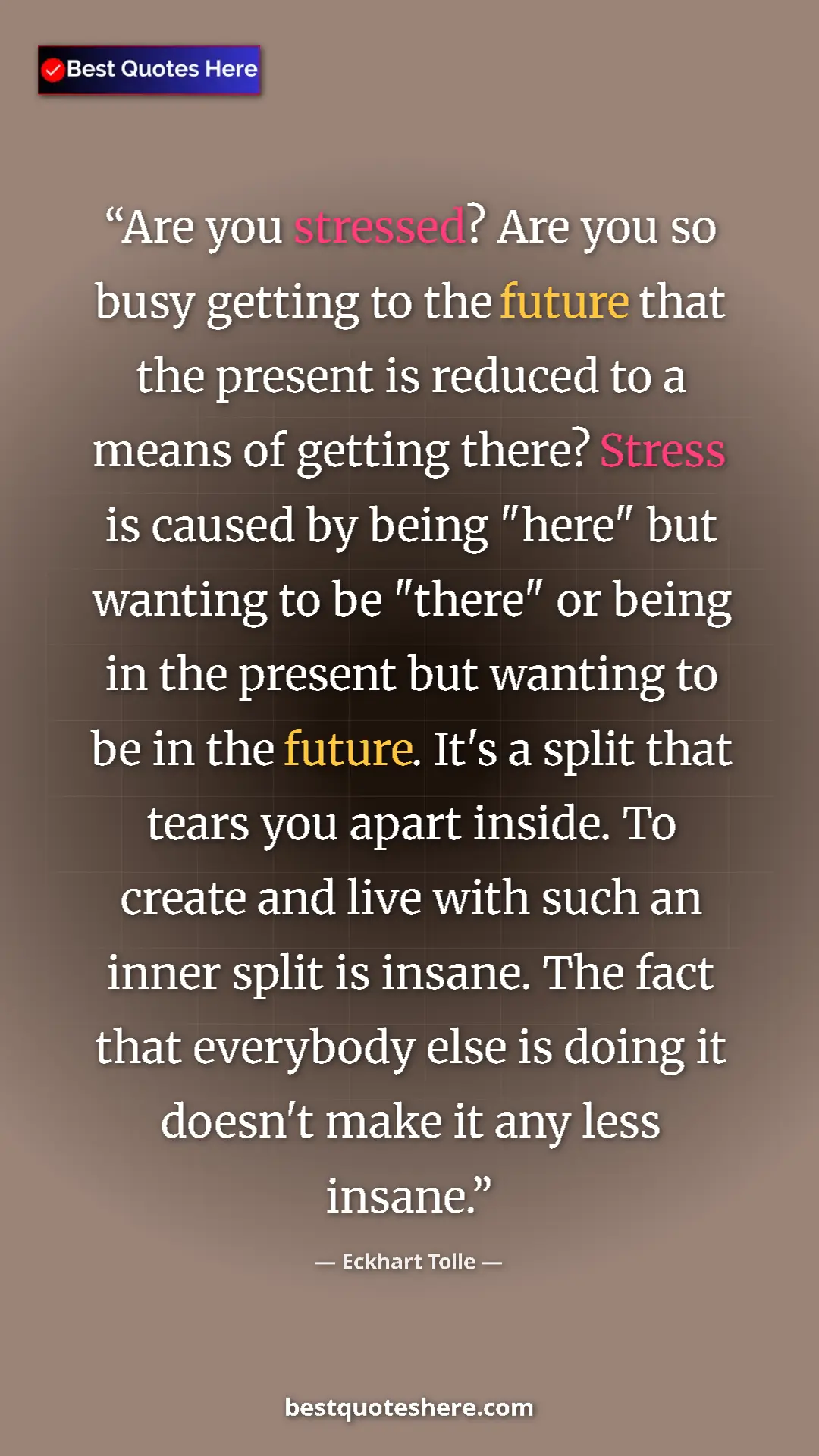 Eckhart Tolle Quote Card: "Are you stressed? Are you so busy getting to the future..." Pinterest quote poster by Eckhart Tolle: "Are you stressed? Are you so busy getting to the future..."
