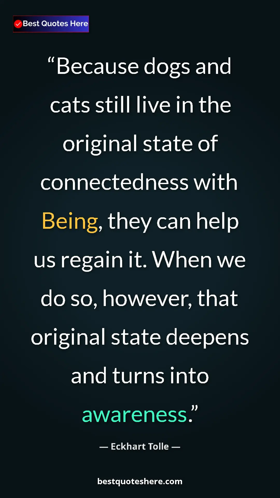 Eckhart Tolle Quote Card: "Because dogs and cats still live in the original state of..." Pinterest quote poster by Eckhart Tolle: "Because dogs and cats still live in the original state of..."