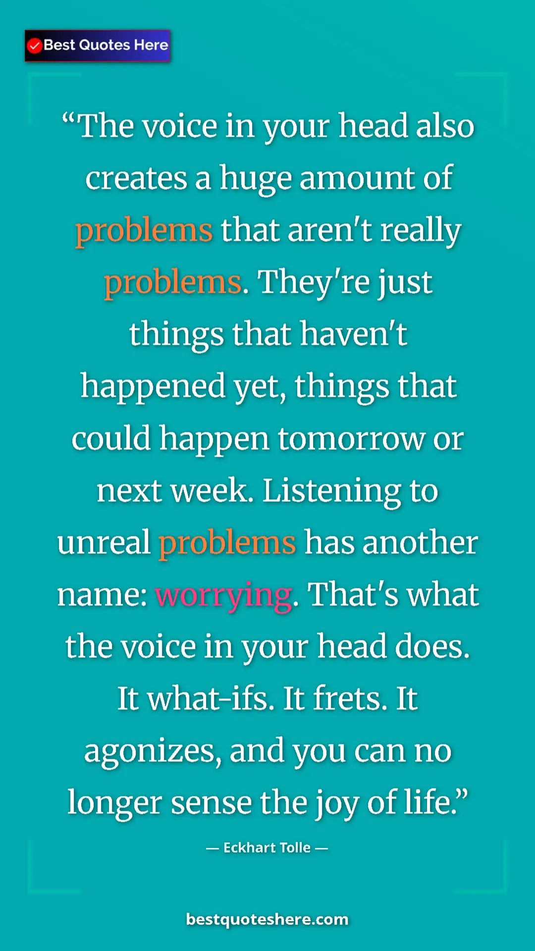 Eckhart Tolle Quote Card: "The voice in your head also creates a huge amount of..." Pinterest quote poster by Eckhart Tolle: "The voice in your head also creates a huge amount of..."