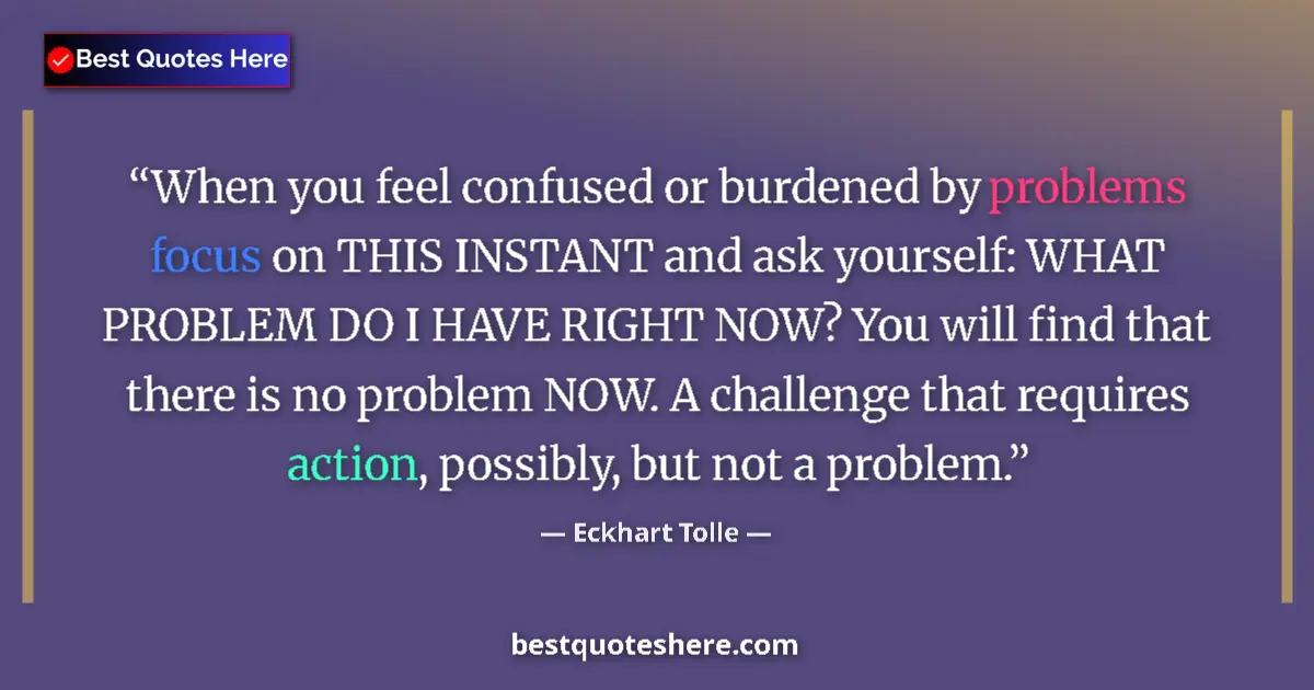 Quote by Eckhart Tolle: When you feel confused or burdened by problems focus on THIS INSTANT and ask yourself: WHAT PROBLEM ...