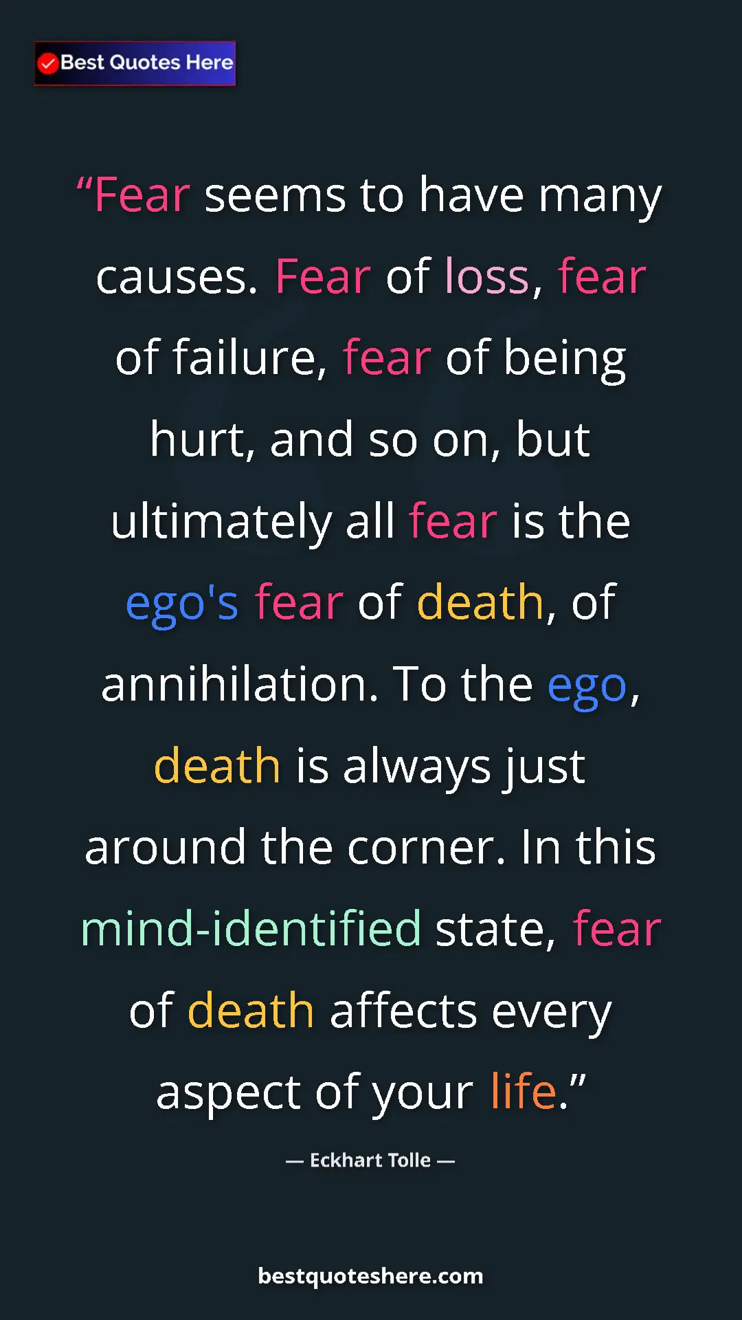 Eckhart Tolle Quote Card: "Fear seems to have many causes. Fear of loss, fear of..." Pinterest quote poster by Eckhart Tolle: "Fear seems to have many causes. Fear of loss, fear of..."