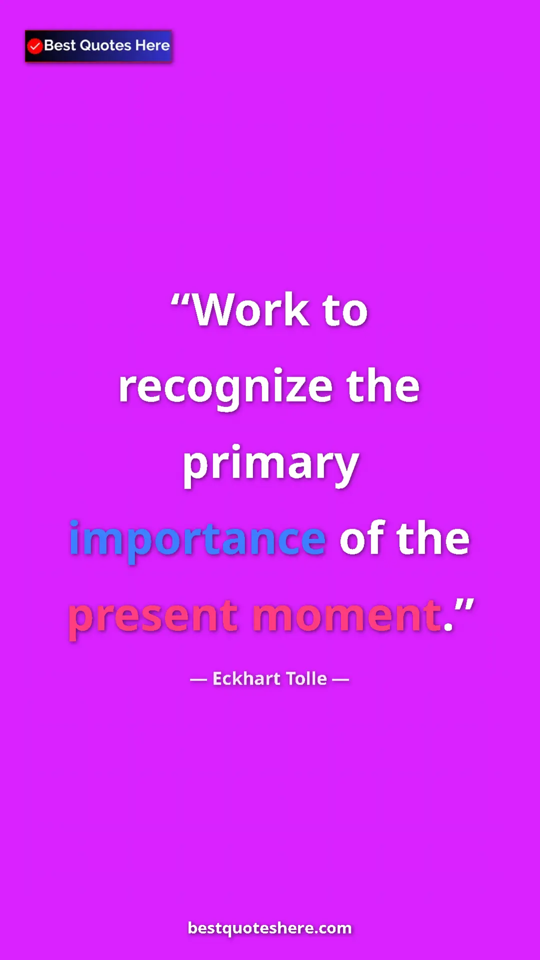 Pinterest quote poster by Eckhart Tolle: "Work to recognize the primary importance of the present..."