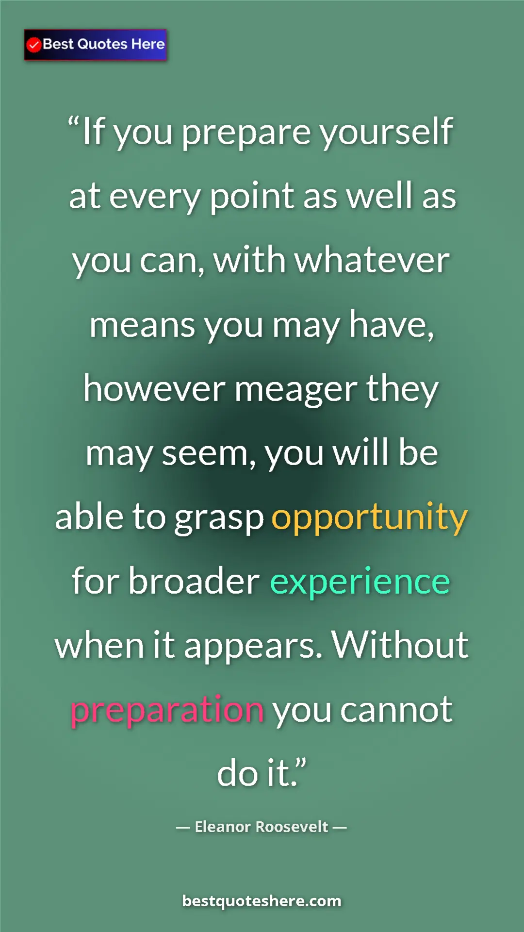 Pinterest quote poster by Eleanor Roosevelt: "If you prepare yourself at every point as well as you can,..."