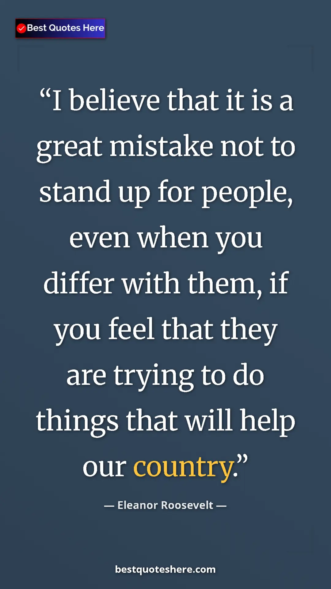 Pinterest quote poster by Eleanor Roosevelt: "I believe that it is a great mistake not to stand up for..."