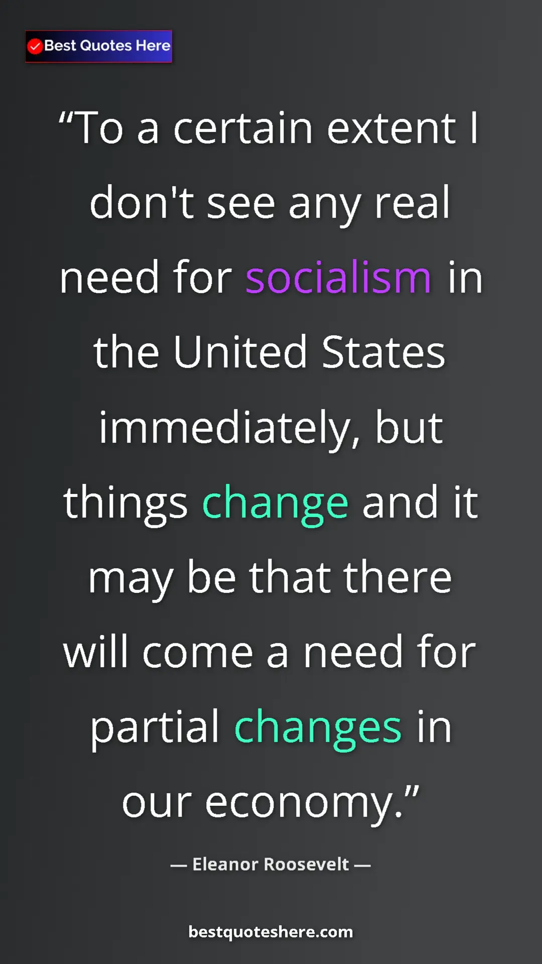 Pinterest quote poster by Eleanor Roosevelt: "To a certain extent I don't see any real need for socialism..."