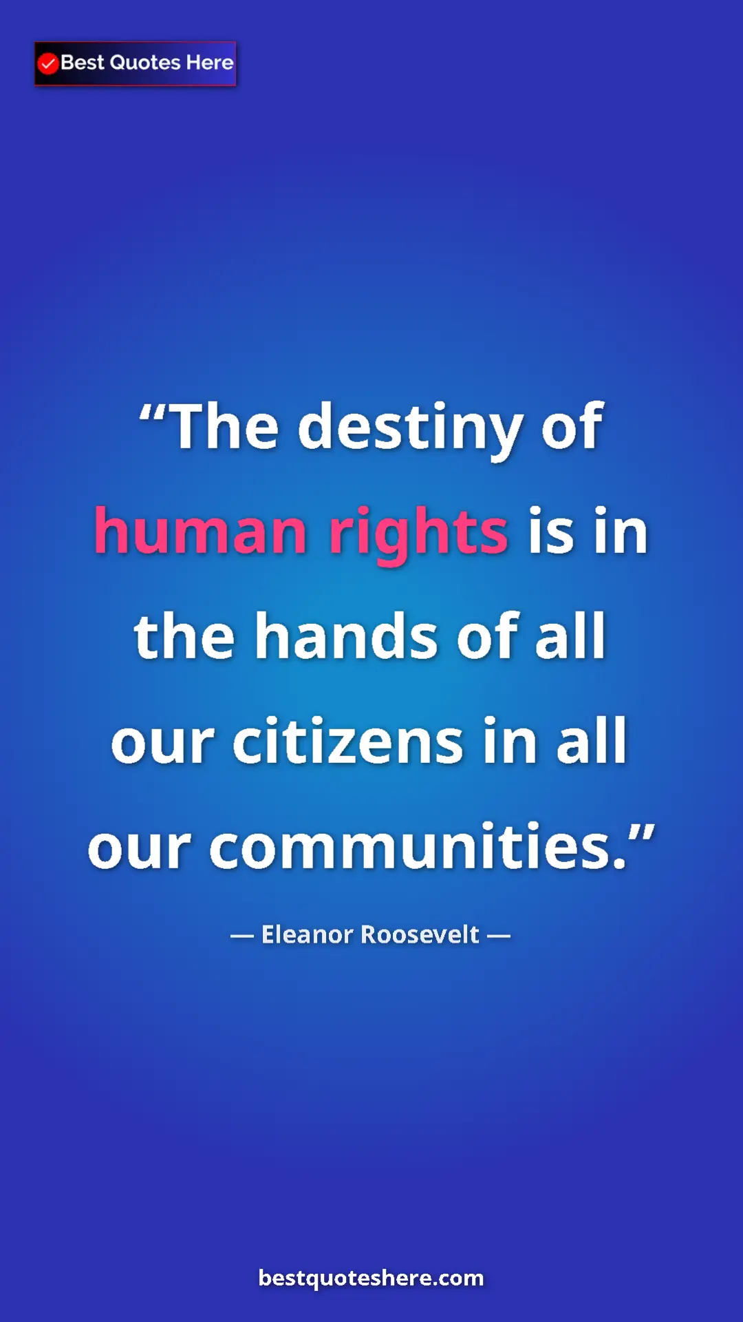 Eleanor Roosevelt Quote Card: "The destiny of human rights is in the hands of all our..." Pinterest quote poster by Eleanor Roosevelt: "The destiny of human rights is in the hands of all our..."