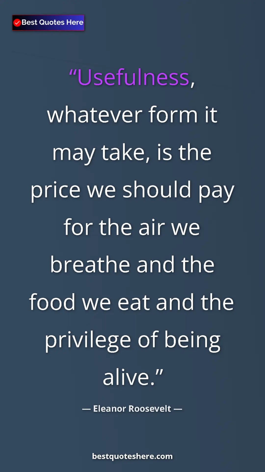 Eleanor Roosevelt Quote Card: "Usefulness, whatever form it may take, is the price we shoul" Pinterest quote poster by Eleanor Roosevelt: "Usefulness, whatever form it may take, is the price we shoul"