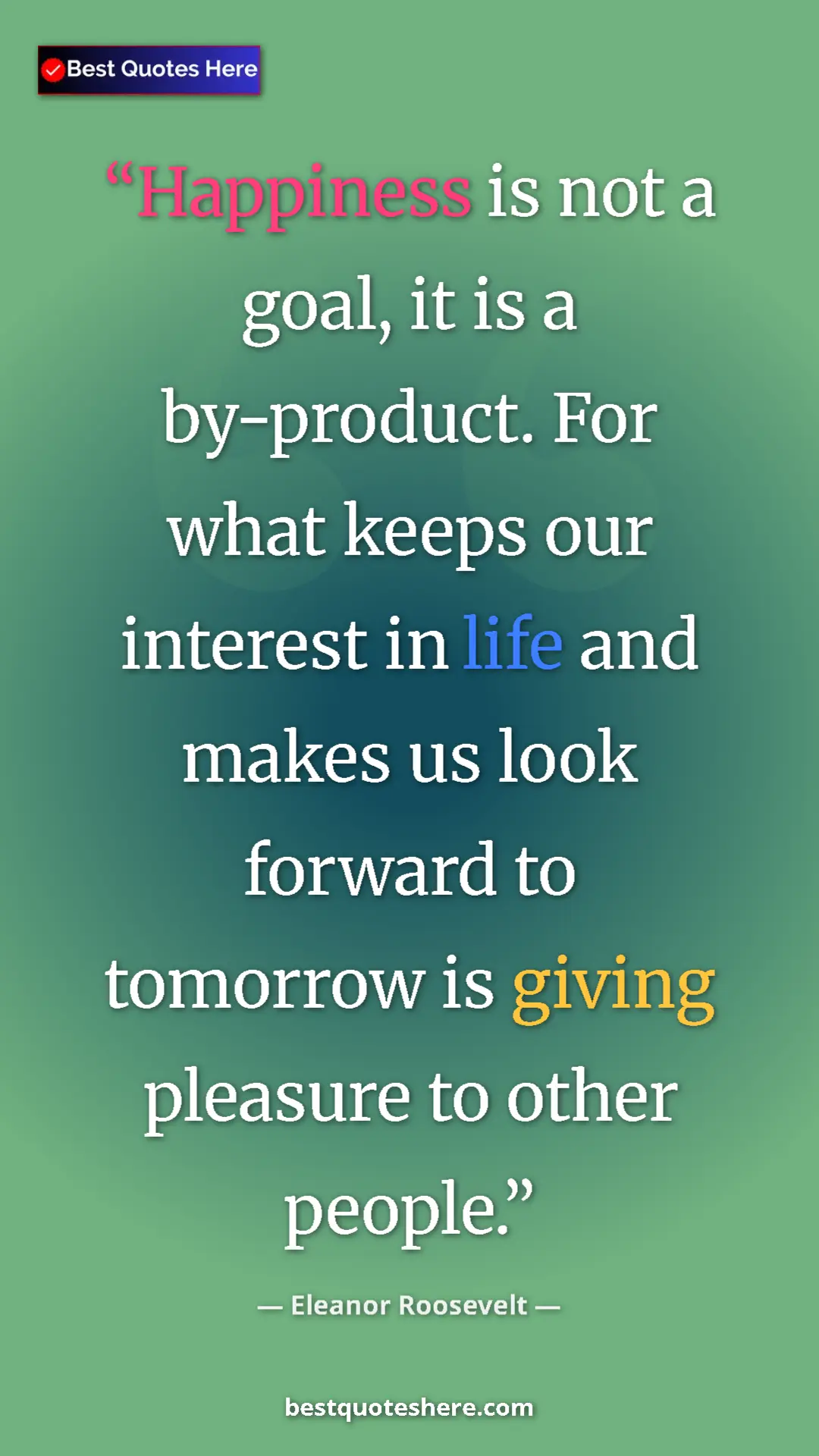 Pinterest quote poster by Eleanor Roosevelt: "Happiness is not a goal, it is a by-product. For what keeps..."
