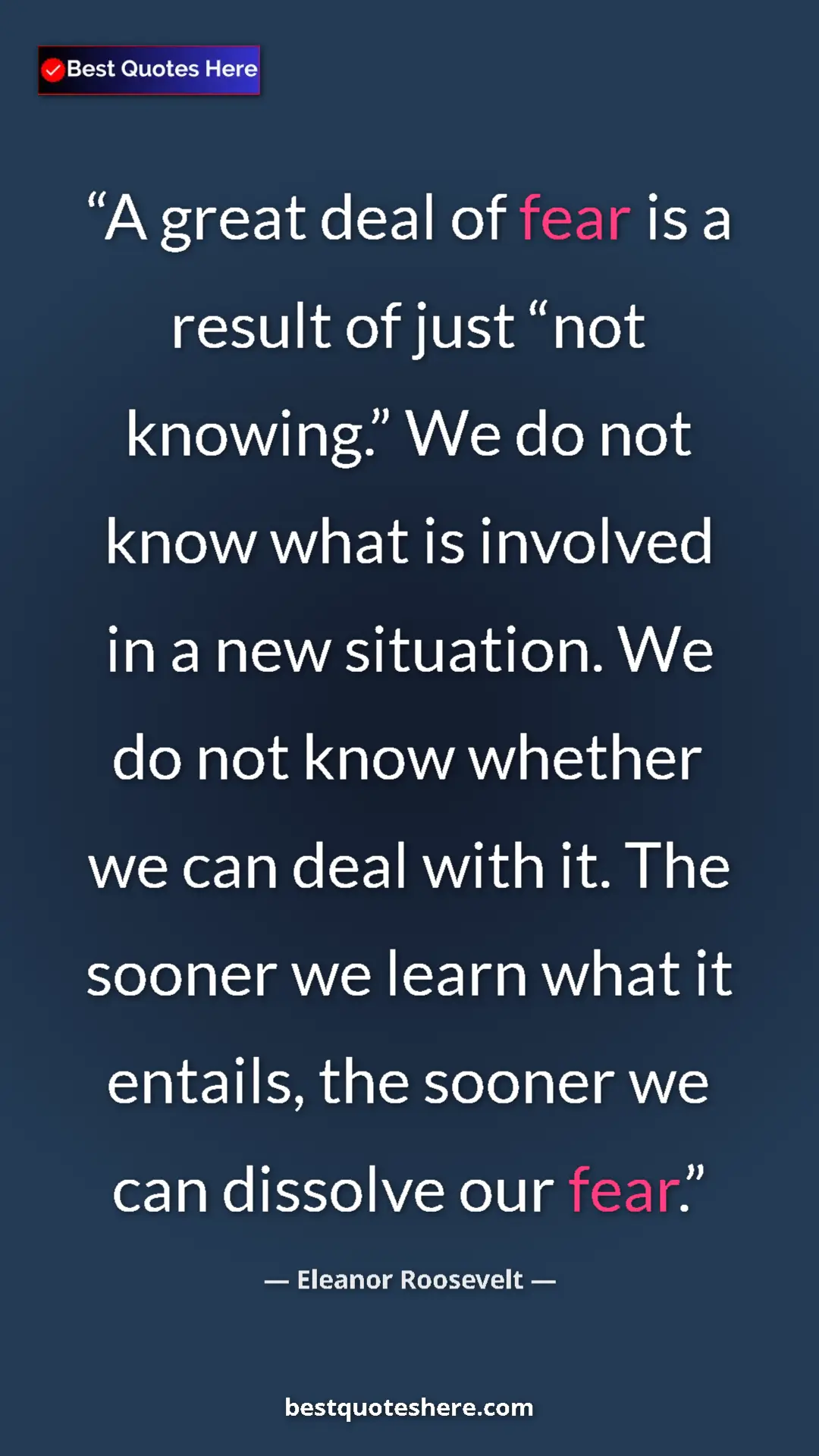 Pinterest quote poster by Eleanor Roosevelt: "A great deal of fear is a result of just “not knowing.” We..."