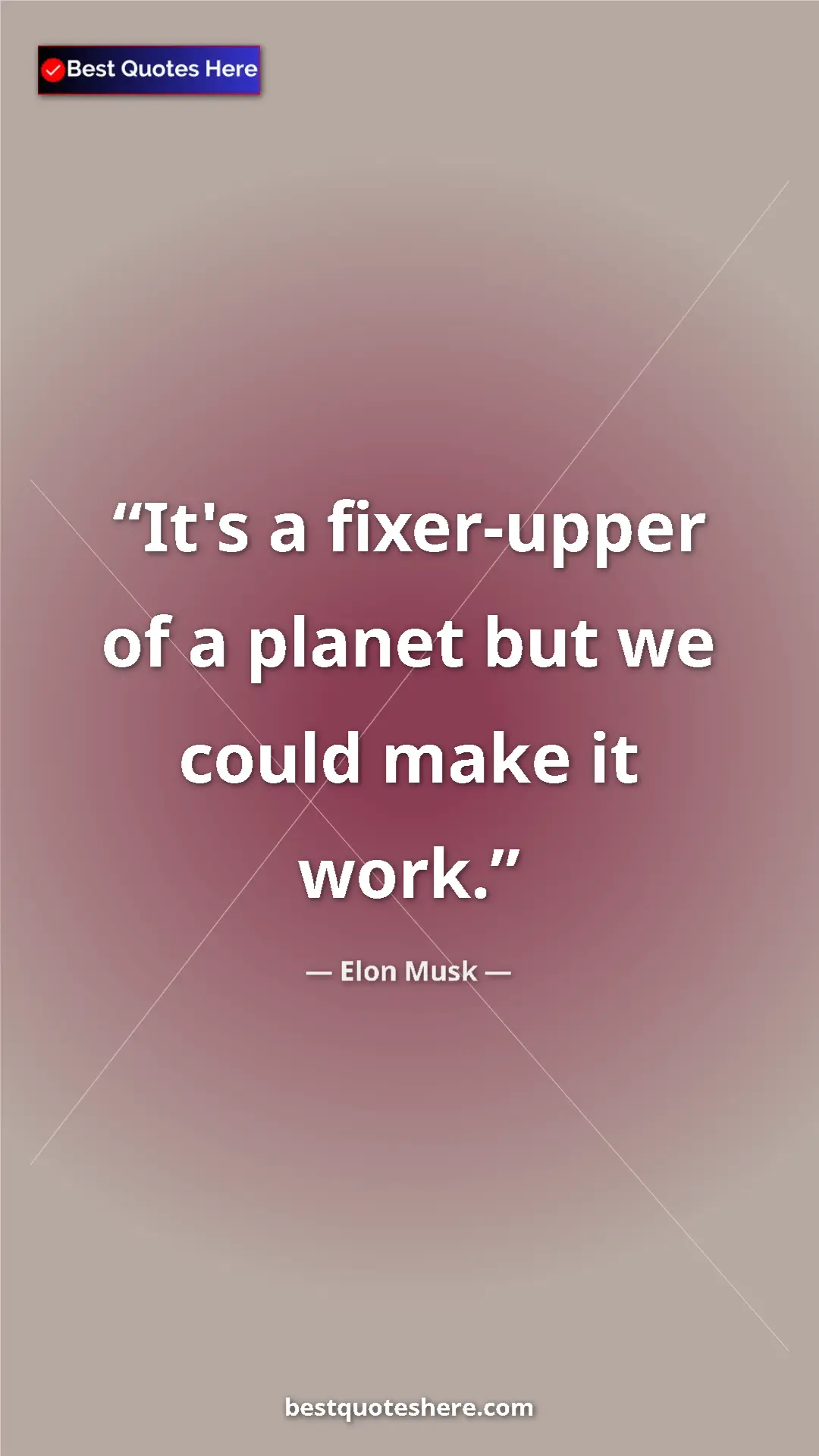 Elon Musk Quote Card: "It's a fixer-upper of a planet but we could make it work." Pinterest quote poster by Elon Musk: "It's a fixer-upper of a planet but we could make it work."