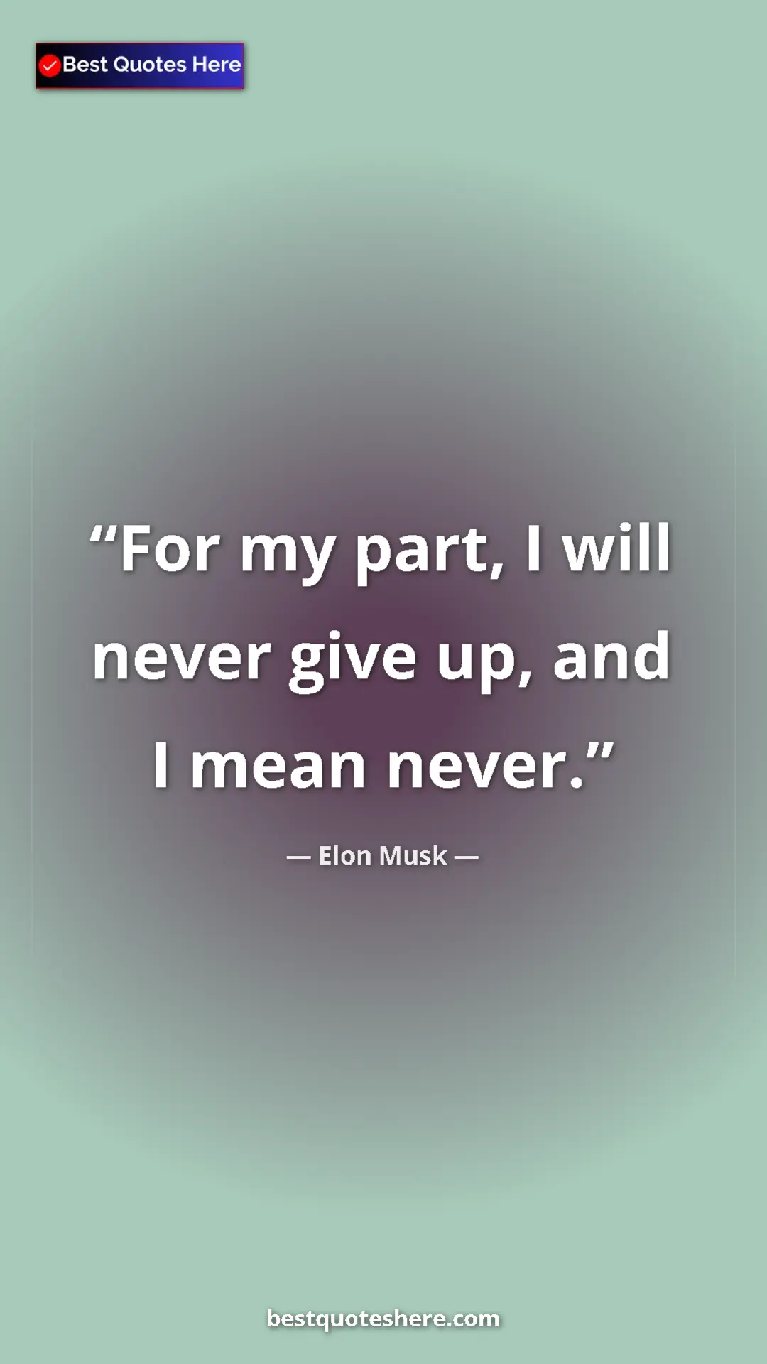 Elon Musk Quote Card: "For my part, I will never give up, and I mean never." Pinterest quote poster by Elon Musk: "For my part, I will never give up, and I mean never."