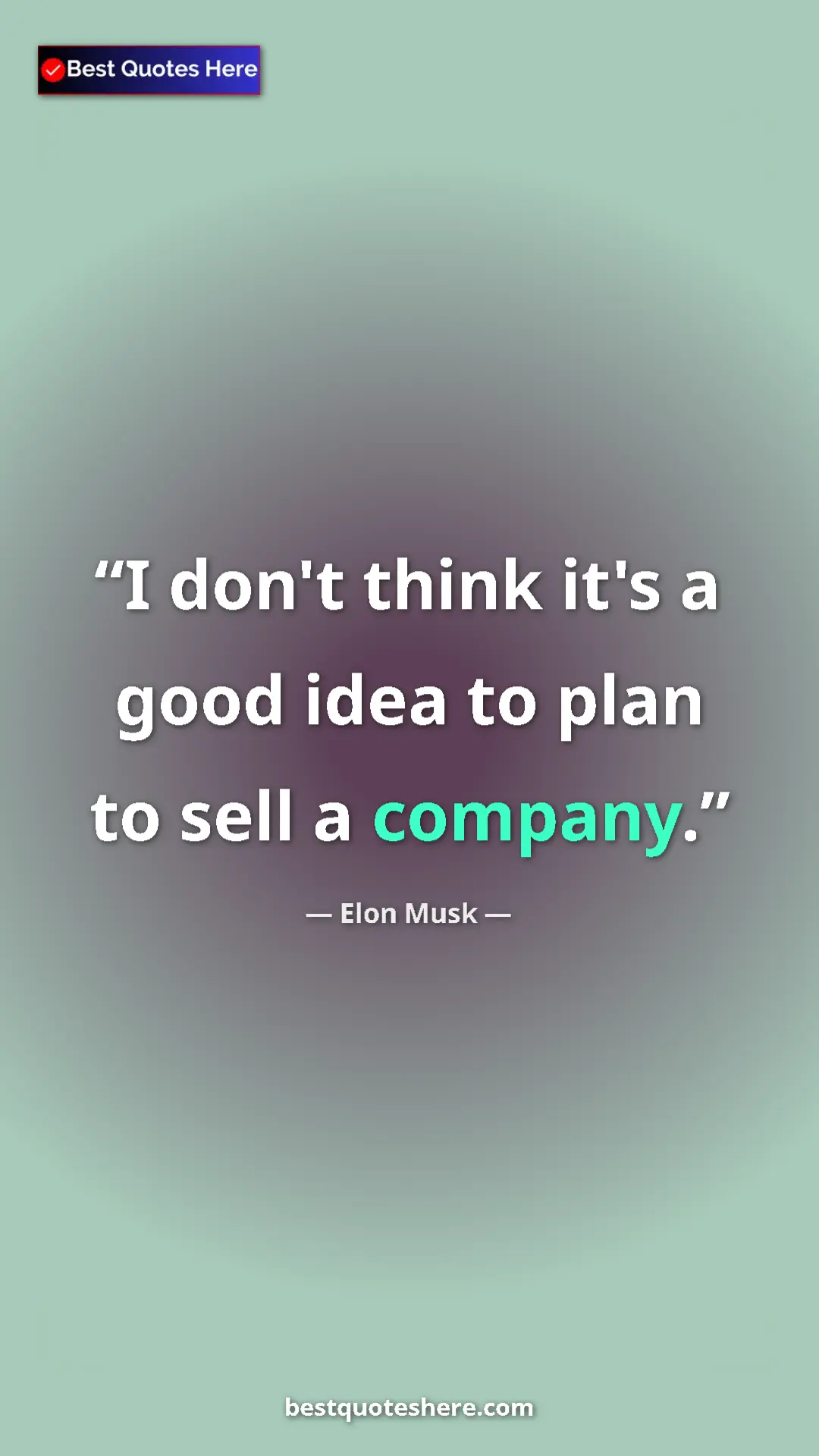 Elon Musk Quote Card: "I don't think it's a good idea to plan to sell a company." Pinterest quote poster by Elon Musk: "I don't think it's a good idea to plan to sell a company."
