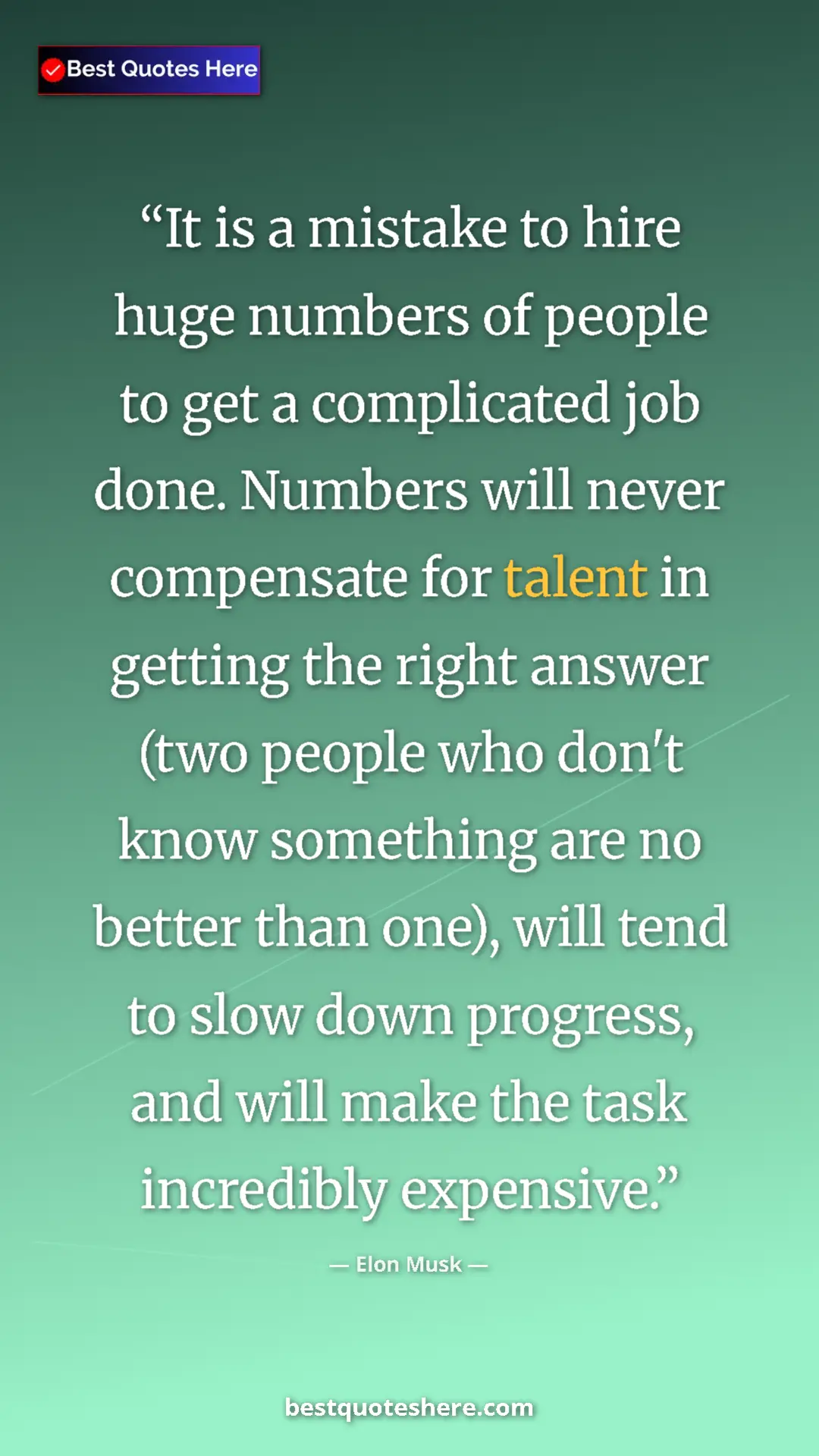 Elon Musk Quote Card: "It is a mistake to hire huge numbers of people to get a comp" Pinterest quote poster by Elon Musk: "It is a mistake to hire huge numbers of people to get a comp"