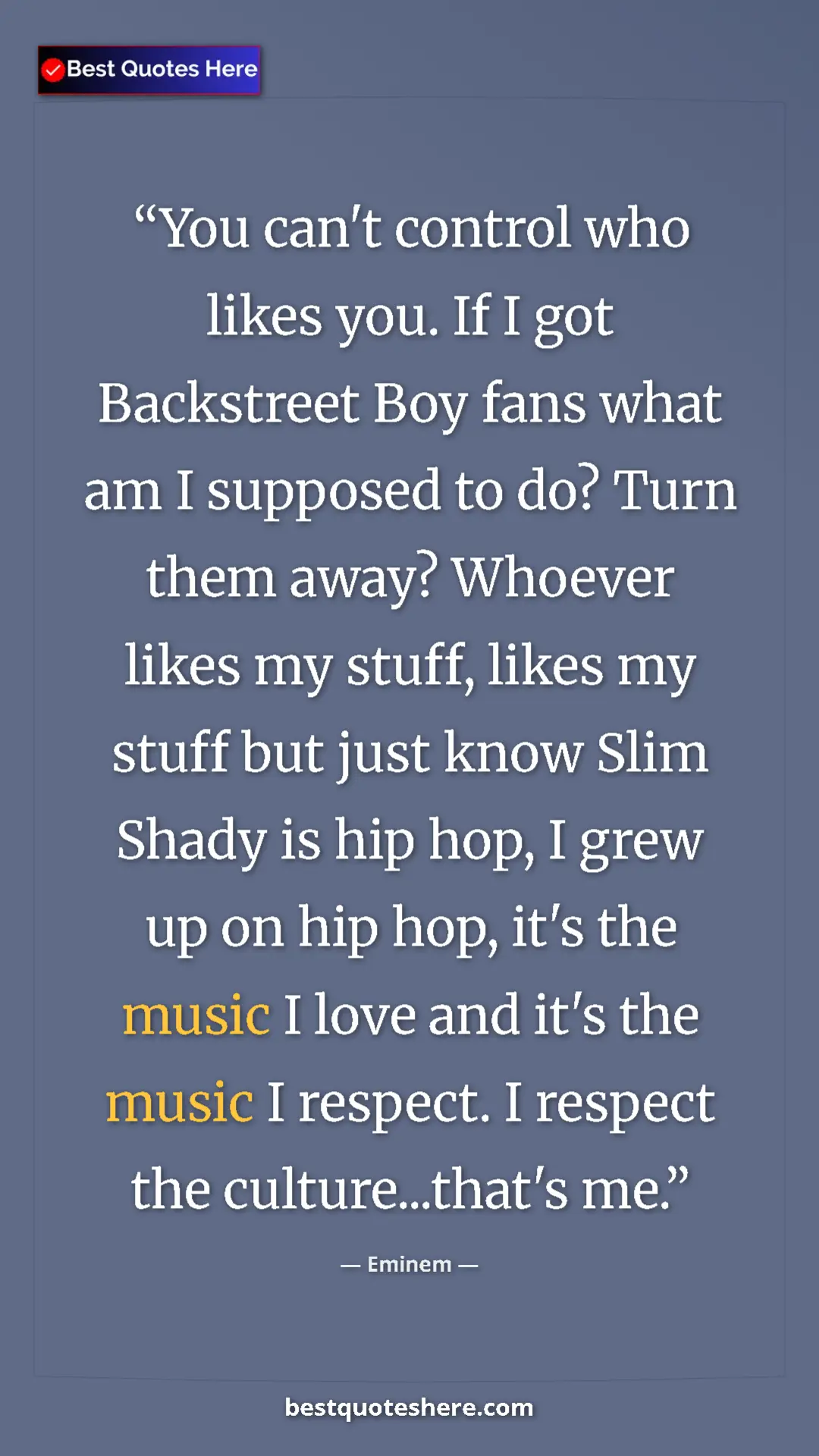 Pinterest quote poster by Eminem: "You can't control who likes you. If I got Backstreet Boy..."