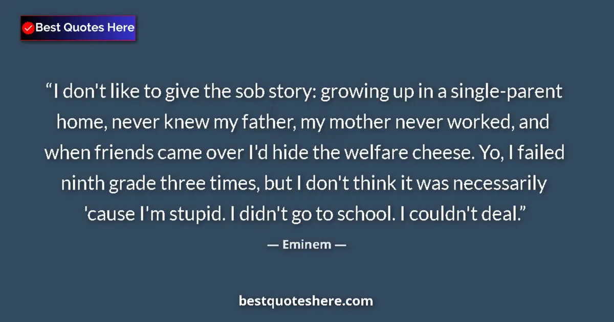 Quote by Eminem: I don't like to give the sob story: growing up in a single-parent home, never knew my father, my mot...