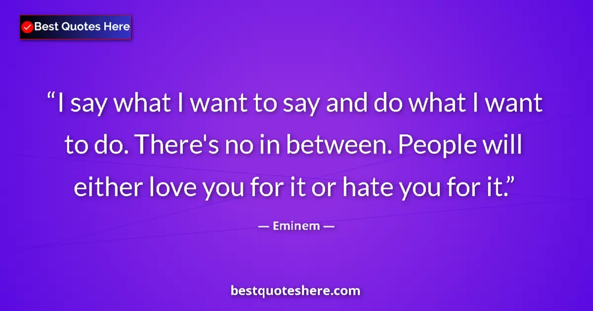 Image for the quote by Eminem: I say what I want to say and do what I want to do. There's no in between. People will either love yo...