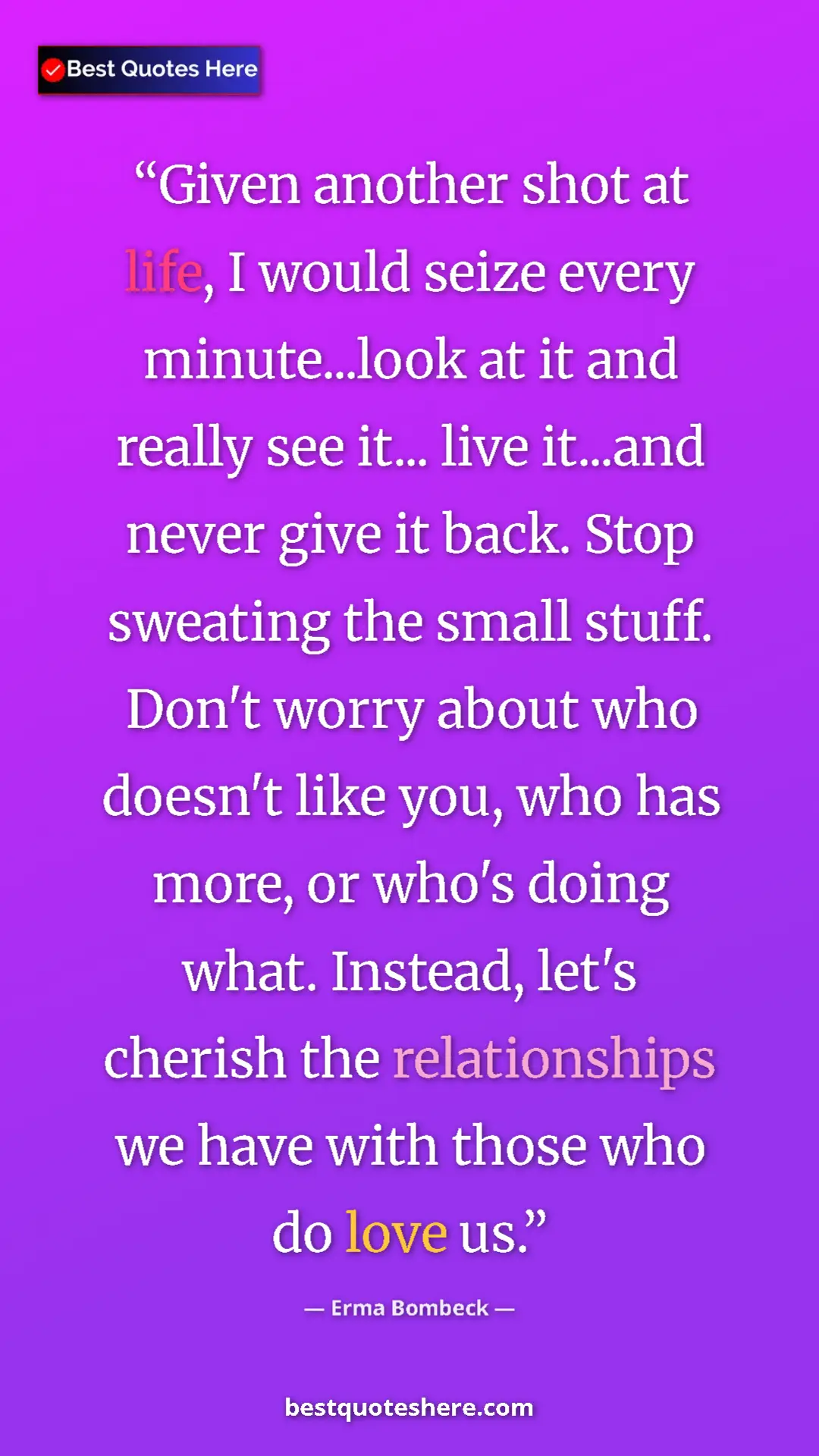 Pinterest quote poster by Erma Bombeck: "Given another shot at life, I would seize every..."