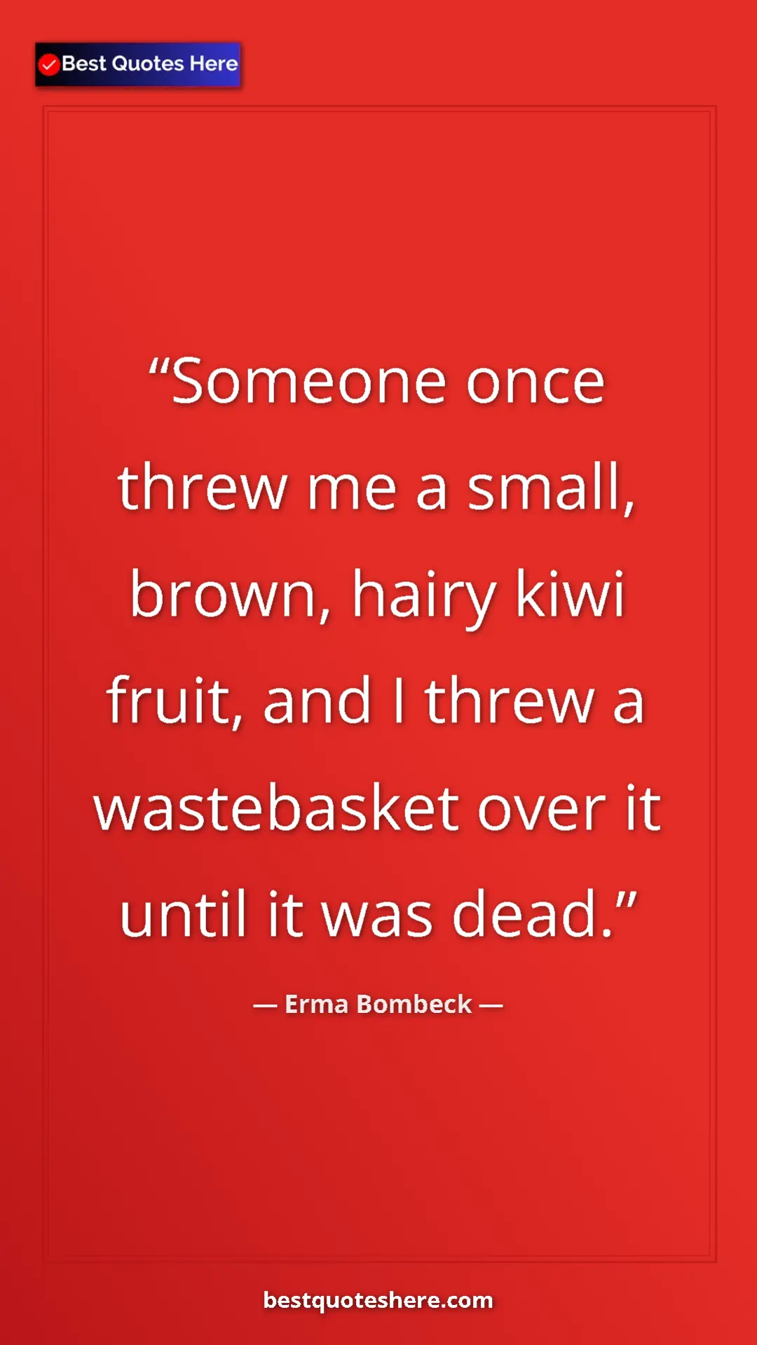 Erma Bombeck Quote Card: "Someone once threw me a small, brown, hairy kiwi fruit, and..." Pinterest quote poster by Erma Bombeck: "Someone once threw me a small, brown, hairy kiwi fruit, and..."
