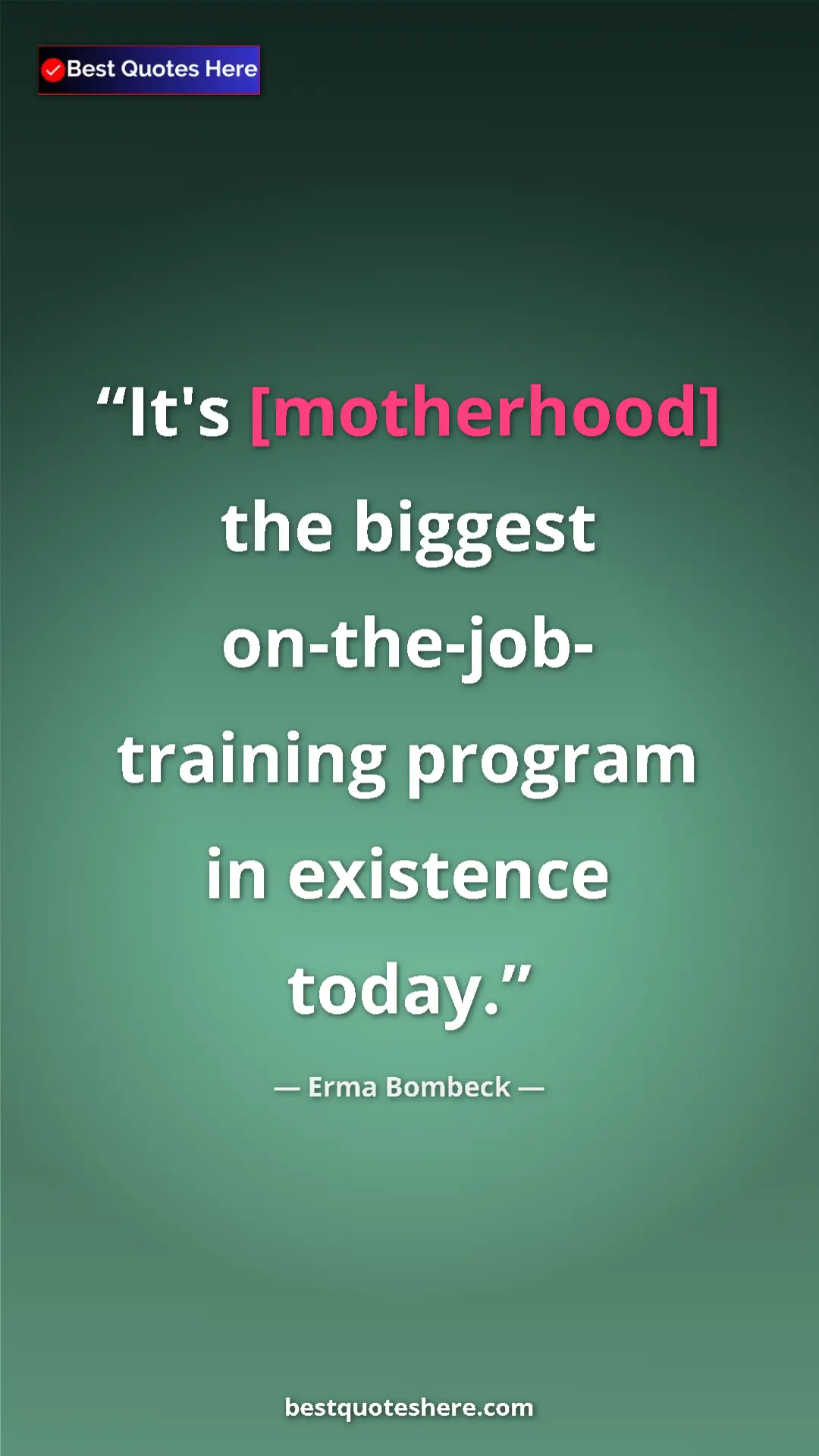 Pinterest quote poster by Erma Bombeck: "It's [motherhood] the biggest on-the-job- training program..."