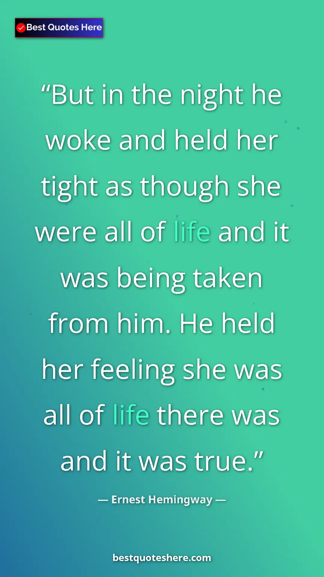 Pinterest quote poster by Ernest Hemingway: "But in the night he woke and held her tight as though she..."