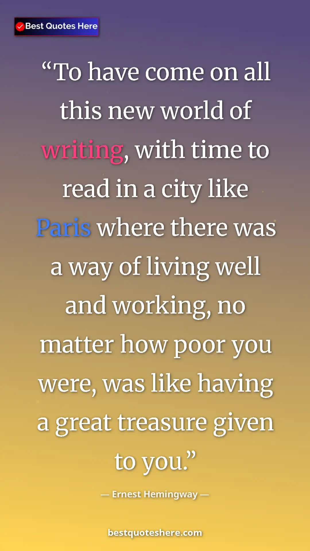 Ernest Hemingway Quote Card: "To have come on all this new world of writing, with time to..." Pinterest quote poster by Ernest Hemingway: "To have come on all this new world of writing, with time to..."