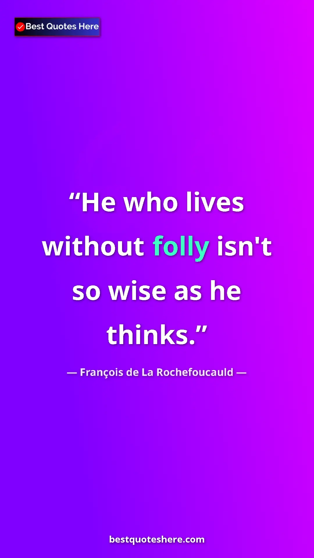Pinterest quote poster by François de La Rochefoucauld: "He who lives without folly isn't so wise as he thinks."