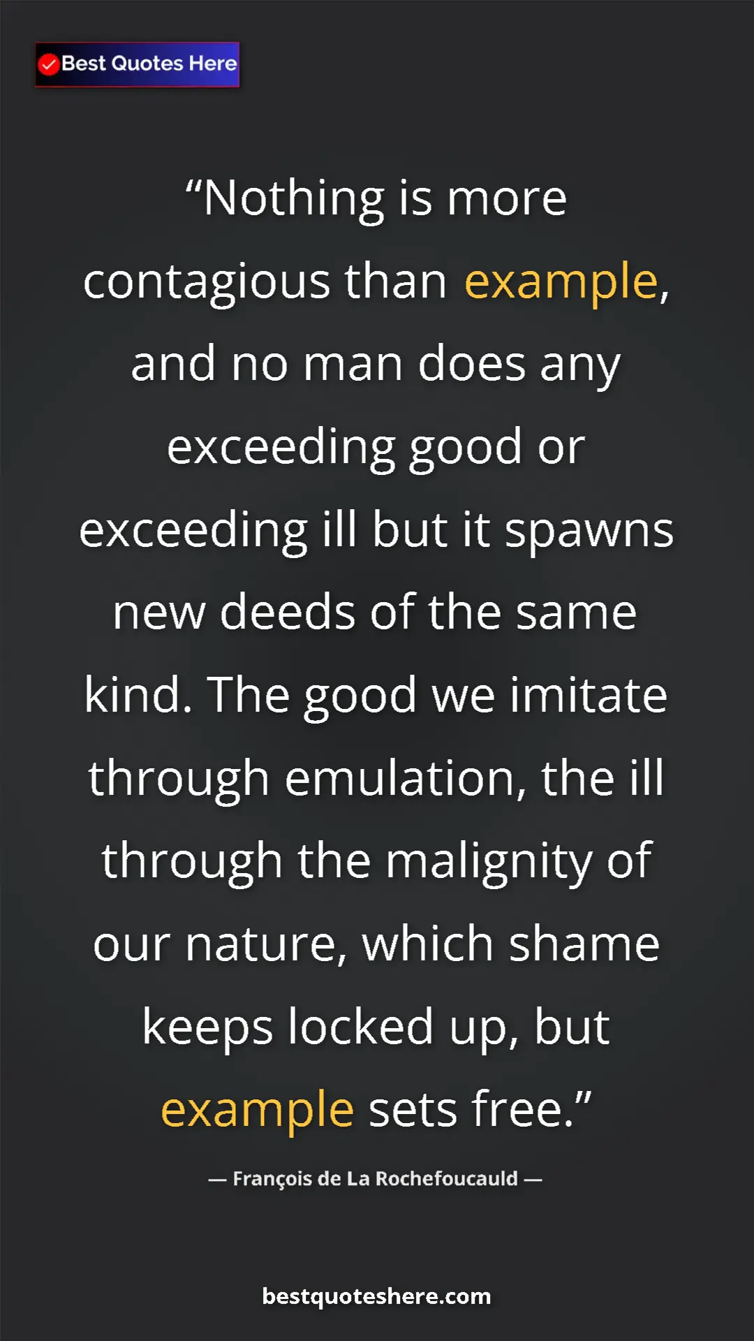 François de La Rochefoucauld Quote Card: "Nothing is more contagious than example, and no man does..." Pinterest quote poster by François de La Rochefoucauld: "Nothing is more contagious than example, and no man does..."