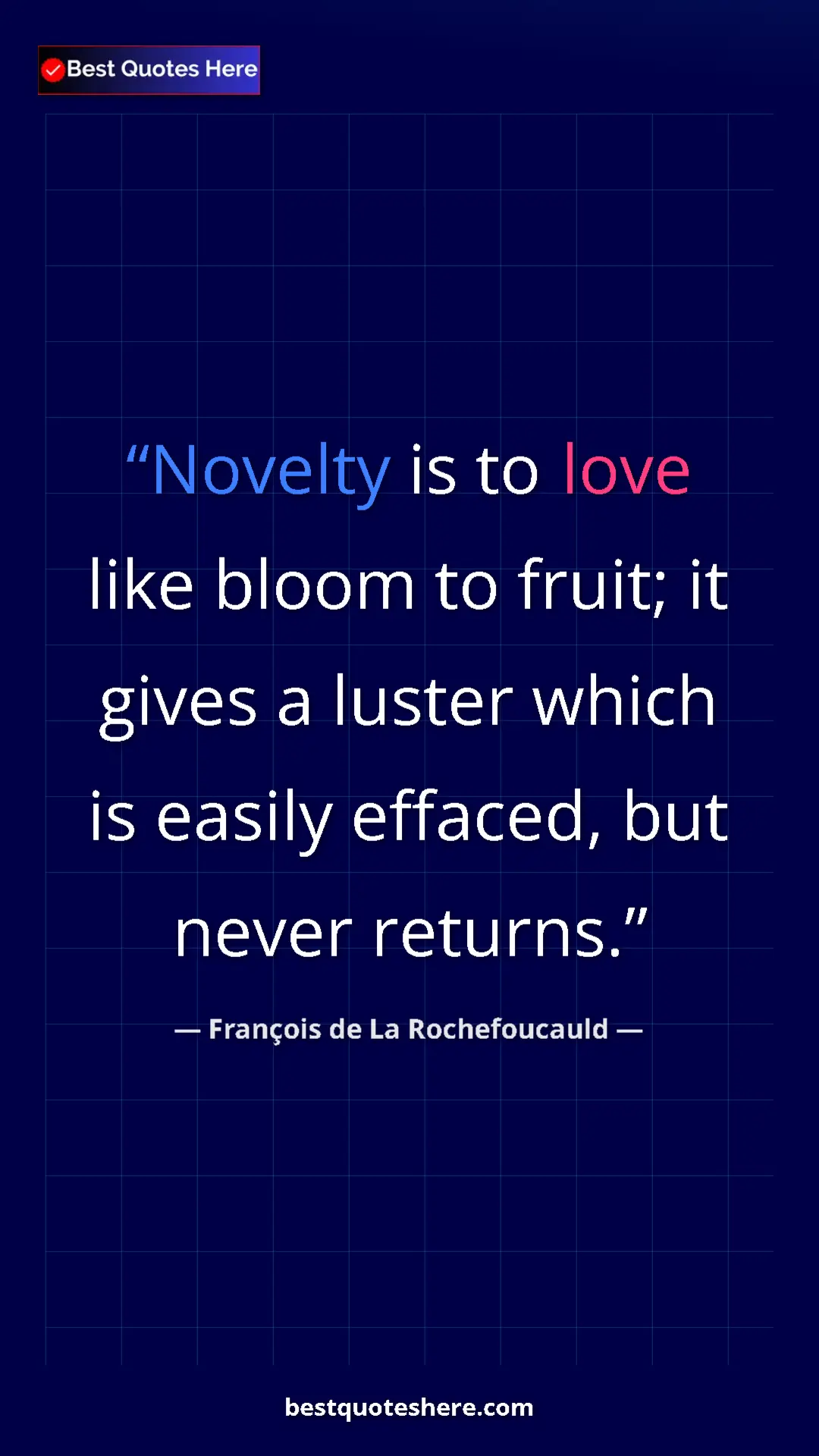 Pinterest quote poster by François de La Rochefoucauld: "Novelty is to love like bloom to fruit; it gives a luster..."