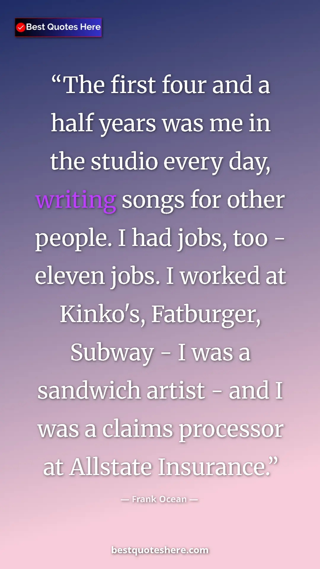 Frank Ocean Quote Card: "The first four and a half years was me in the studio every..." Pinterest quote poster by Frank Ocean: "The first four and a half years was me in the studio every..."