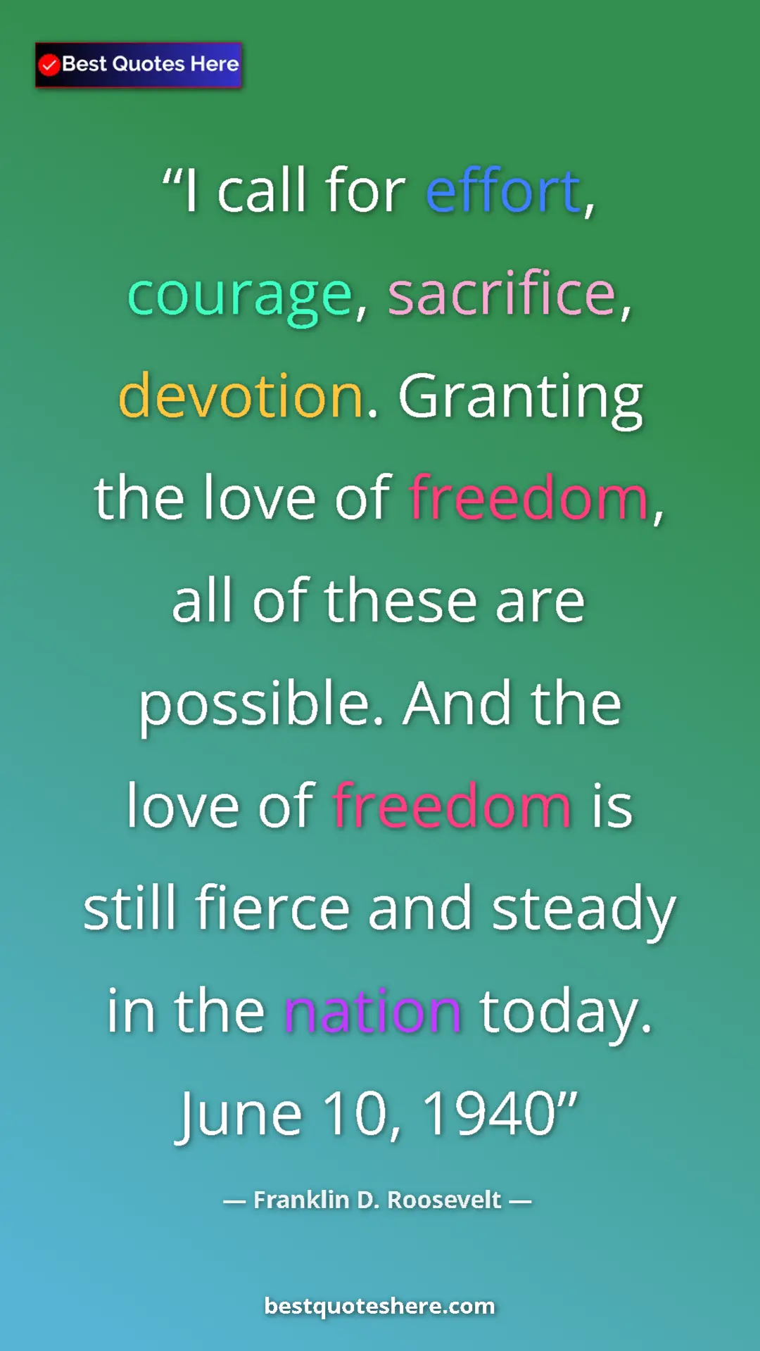 Pinterest quote poster by Franklin D. Roosevelt: "I call for effort, courage, sacrifice, devotion. Granting..."