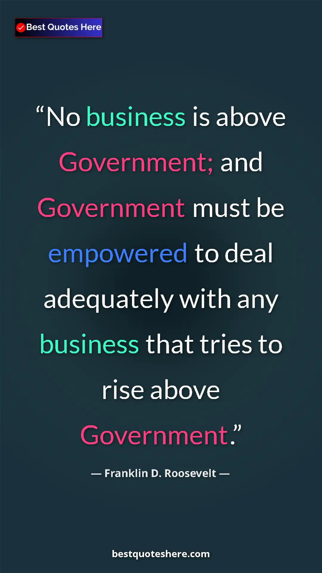 Pinterest quote poster by Franklin D. Roosevelt: "No business is above Government; and Government must be..."