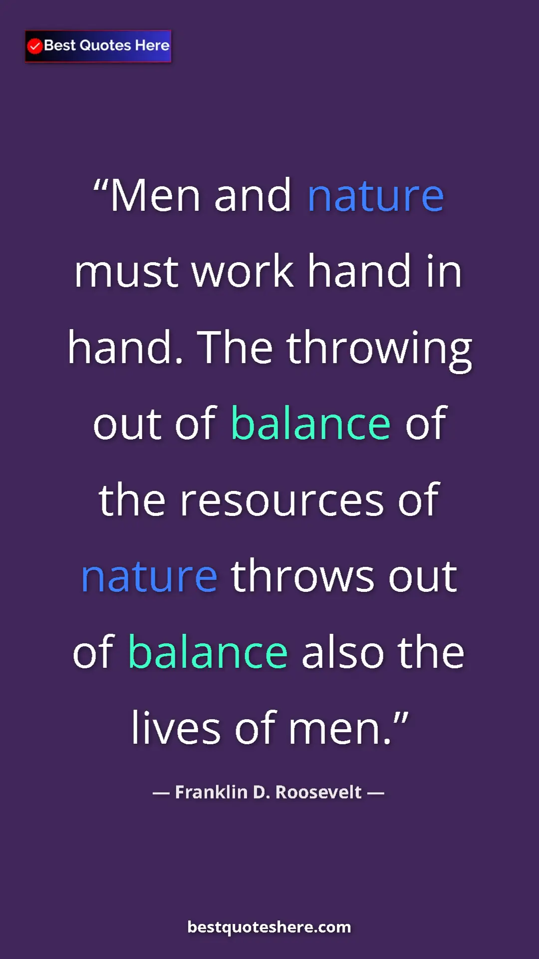 Pinterest quote poster by Franklin D. Roosevelt: "Men and nature must work hand in hand. The throwing out of..."