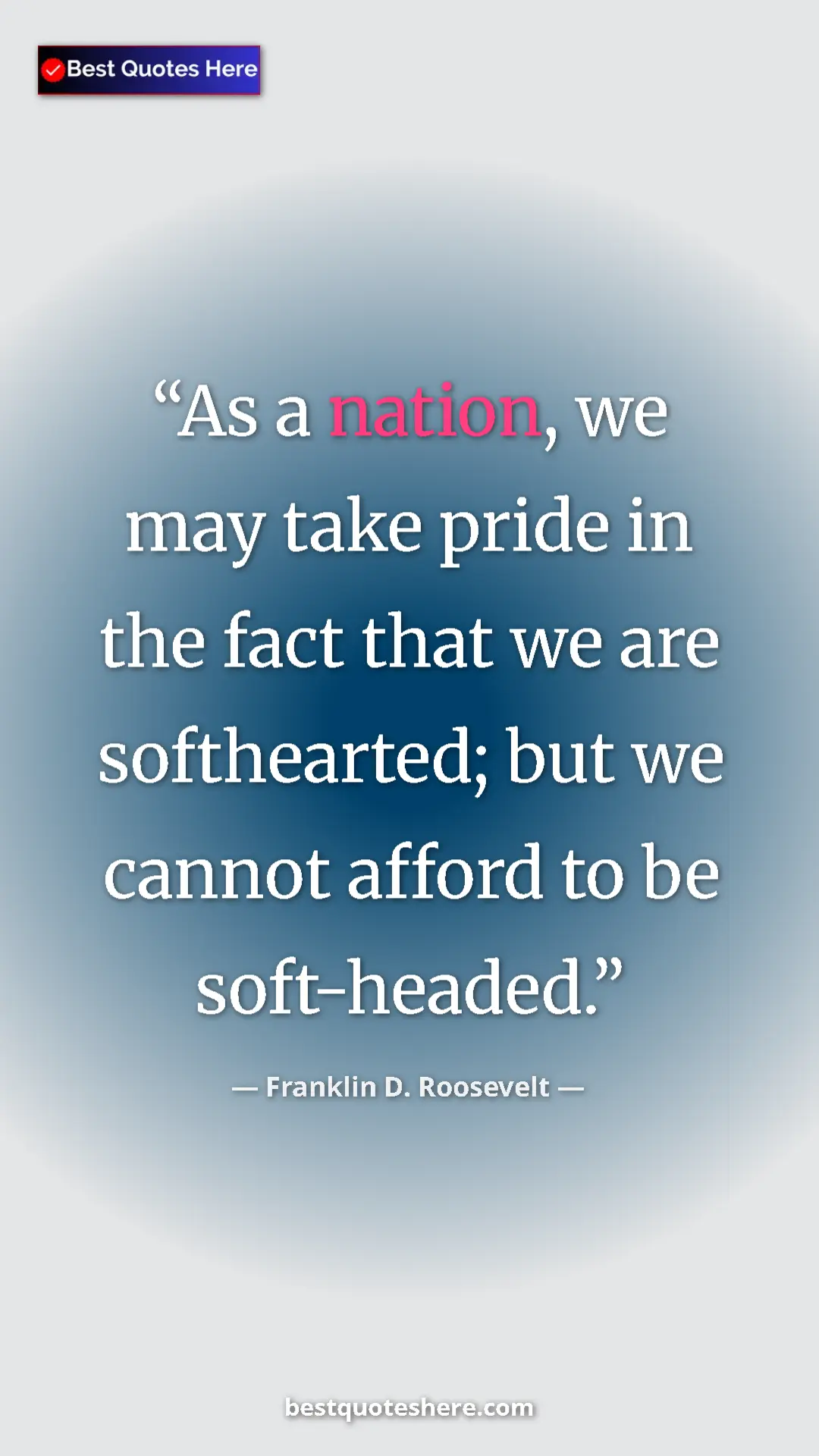Pinterest quote poster by Franklin D. Roosevelt: "As a nation, we may take pride in the fact that we are..."