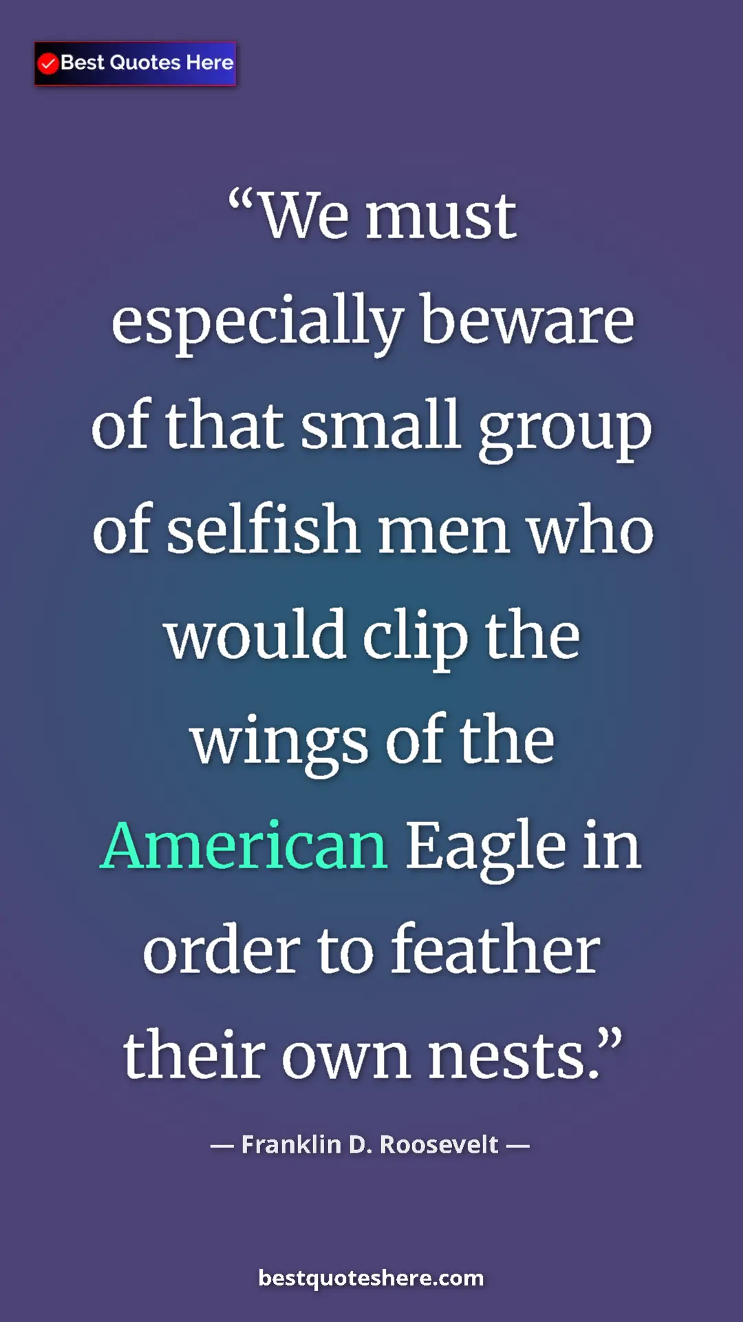 Franklin D. Roosevelt Quote Card: "We must especially beware of that small group of selfish..." Pinterest quote poster by Franklin D. Roosevelt: "We must especially beware of that small group of selfish..."