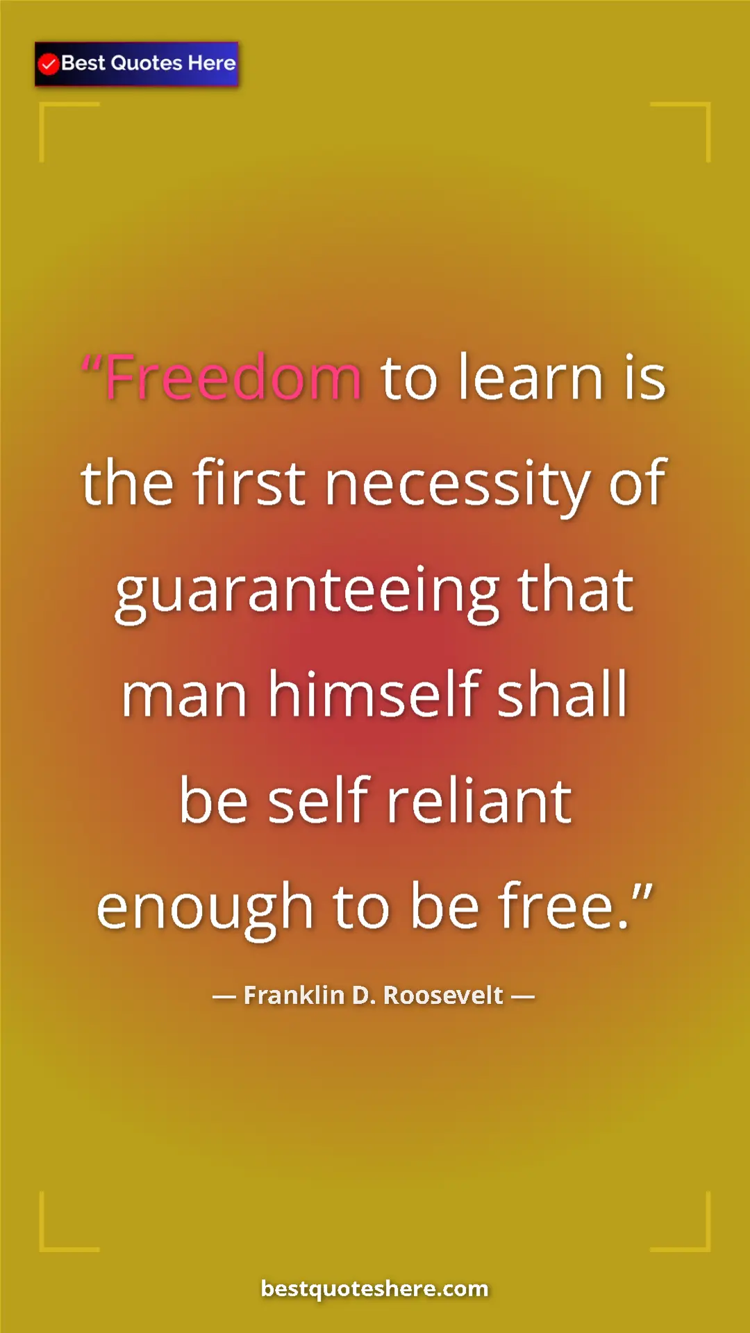 Franklin D. Roosevelt Quote Card: "Freedom to learn is the first necessity of guaranteeing..." Pinterest quote poster by Franklin D. Roosevelt: "Freedom to learn is the first necessity of guaranteeing..."