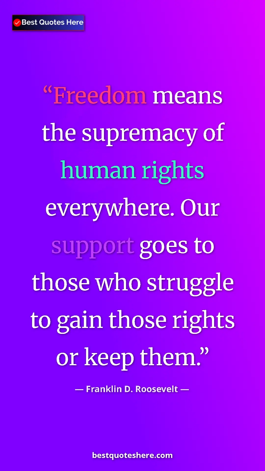 Pinterest quote poster by Franklin D. Roosevelt: "Freedom means the supremacy of human rights everywhere. Our..."