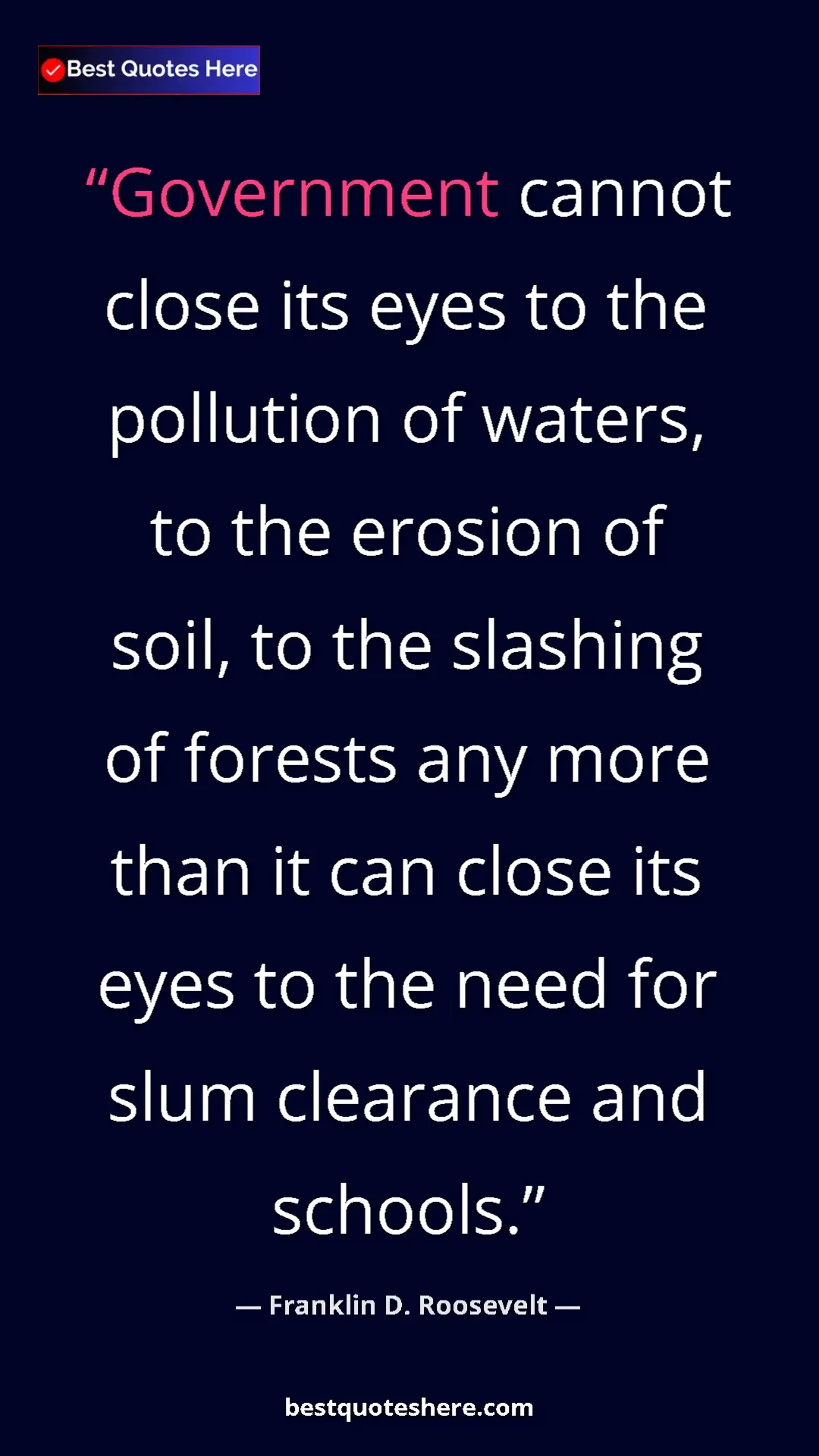 Franklin D. Roosevelt Quote Card: "Government cannot close its eyes to the pollution of waters," Pinterest quote poster by Franklin D. Roosevelt: "Government cannot close its eyes to the pollution of waters,"