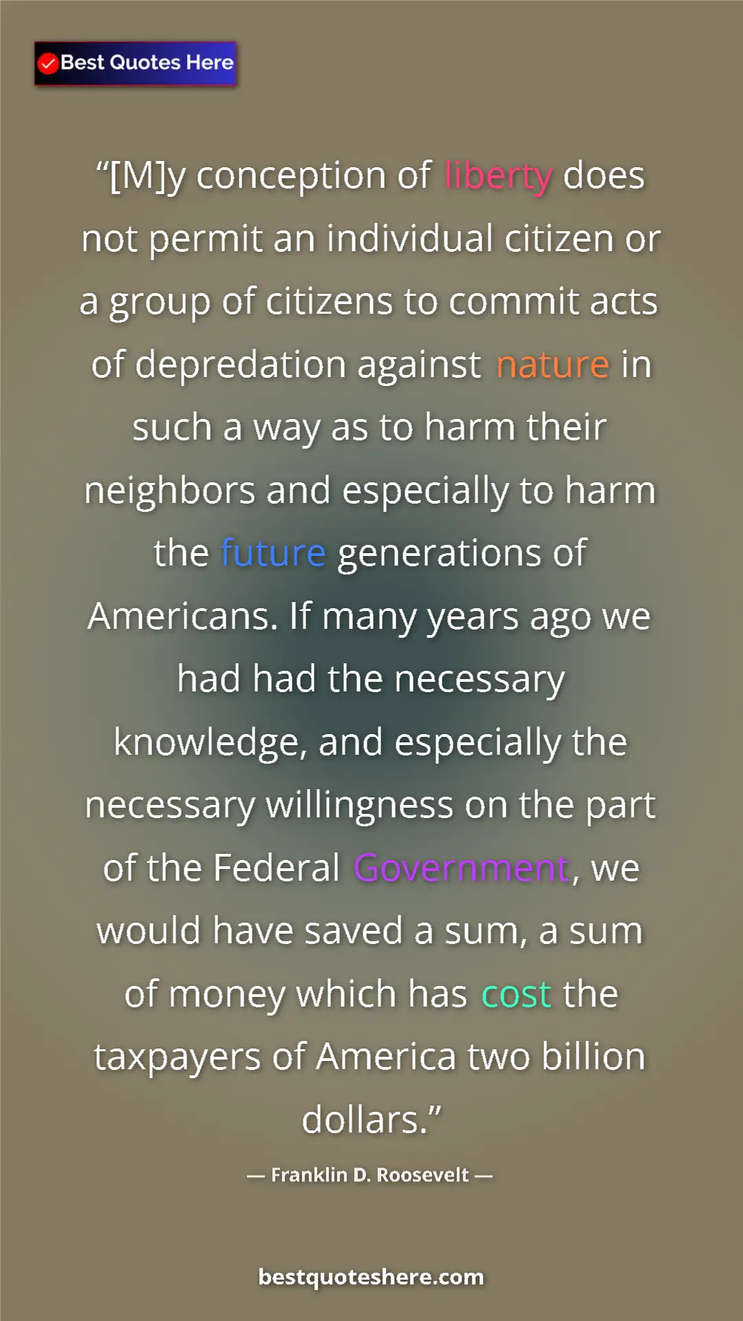 Pinterest quote poster by Franklin D. Roosevelt: "[M]y conception of liberty does not permit an individual..."