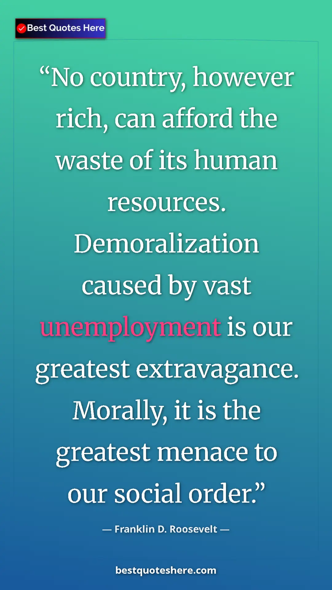 Pinterest quote poster by Franklin D. Roosevelt: "No country, however rich, can afford the waste of its human..."