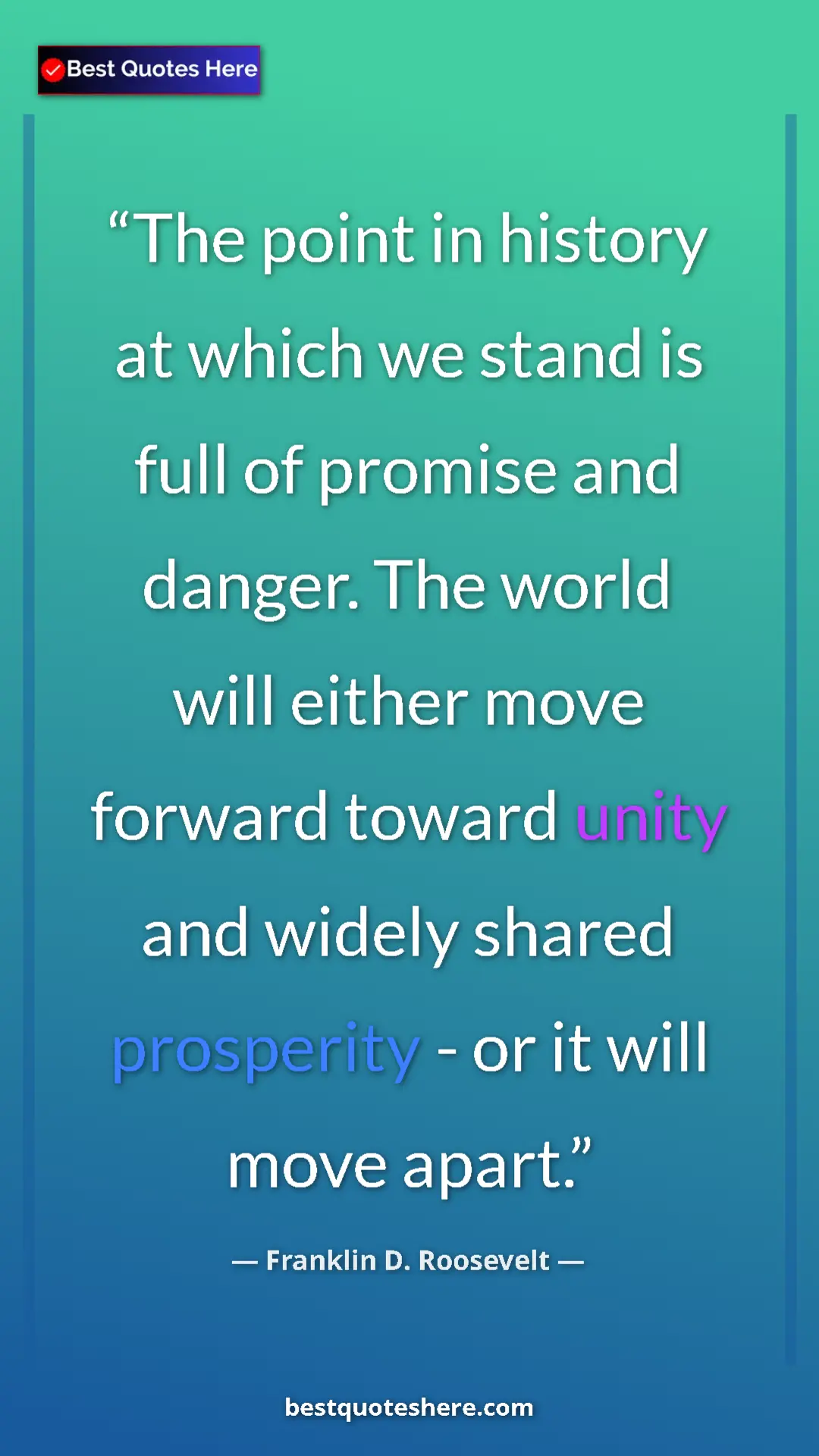 Pinterest quote poster by Franklin D. Roosevelt: "The point in history at which we stand is full of promise..."