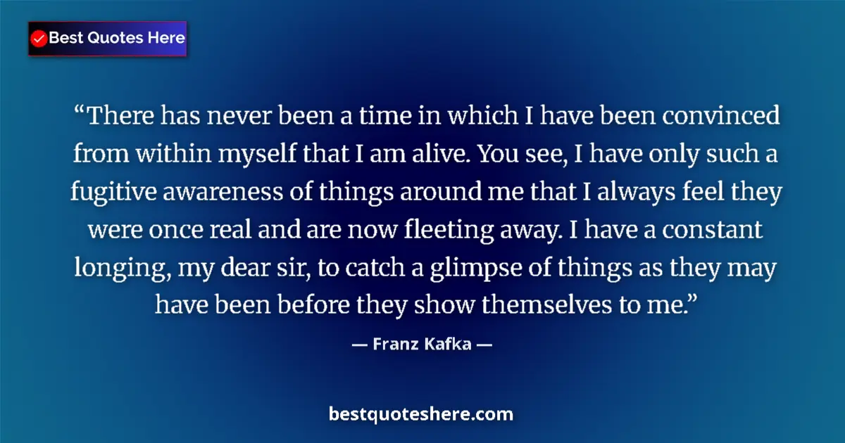 Quote by Franz Kafka: There has never been a time in which I have been convinced from within myself that I am alive. You s...