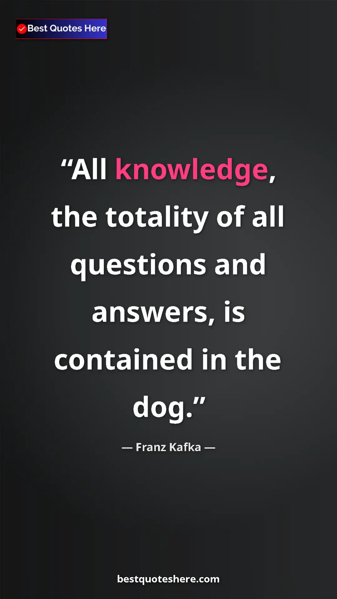 Franz Kafka Quote Card: "All knowledge, the totality of all questions and answers,..." Pinterest quote poster by Franz Kafka: "All knowledge, the totality of all questions and answers,..."