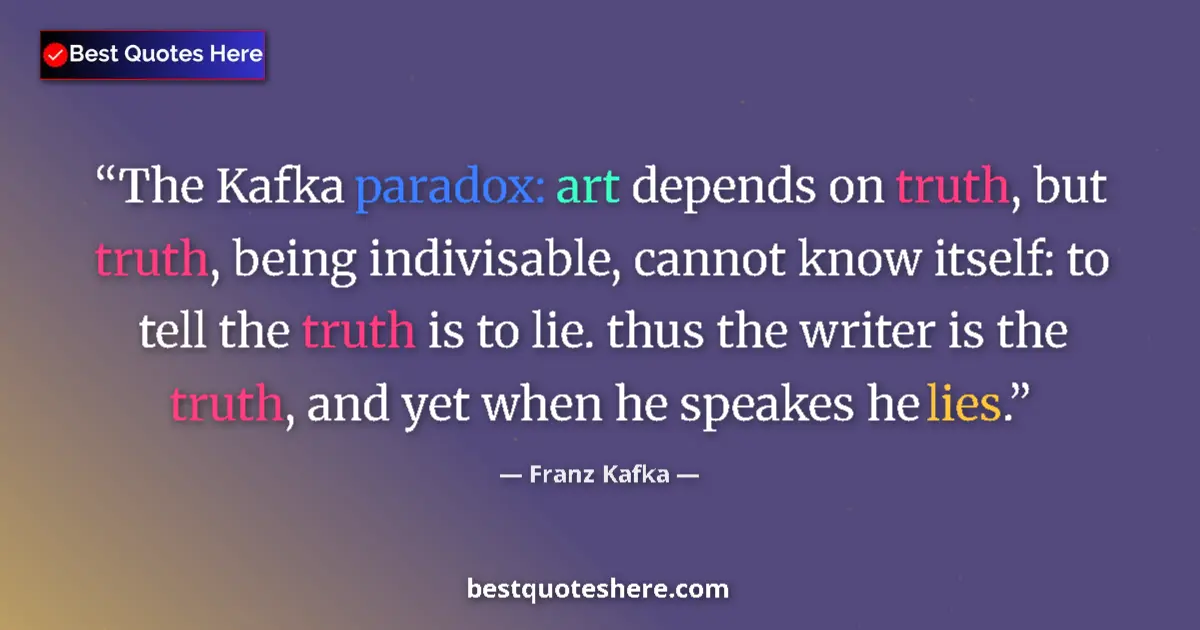 Quote by Franz Kafka: The Kafka paradox: art depends on truth, but truth, being indivisable, cannot know itself: to tell t...