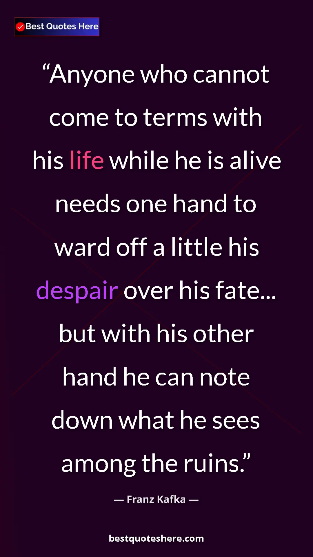 Pinterest quote poster by Franz Kafka: "Anyone who cannot come to terms with his life while he is..."
