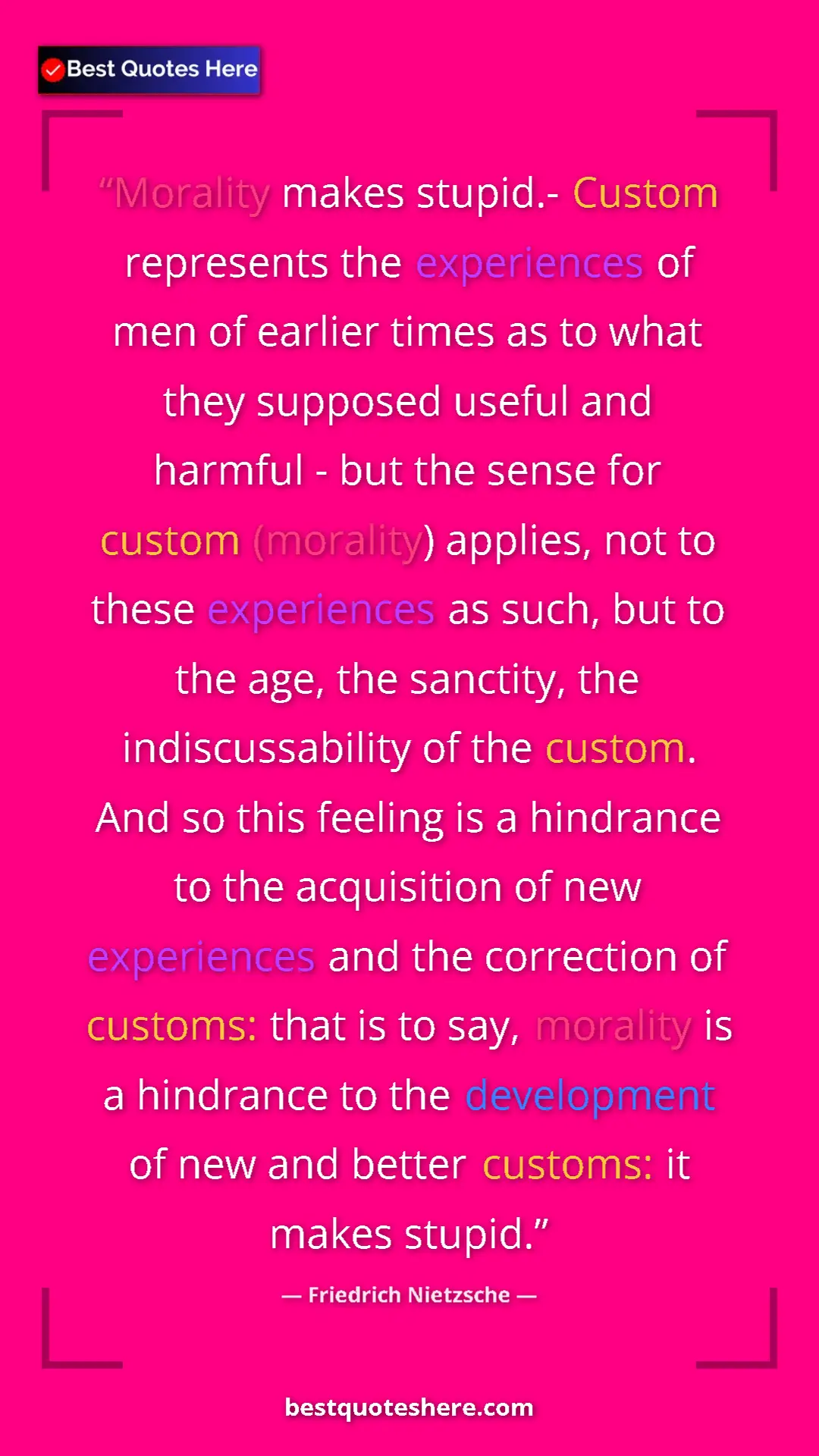 Pinterest quote poster by Friedrich Nietzsche: "Morality makes stupid.- Custom represents the experiences..."