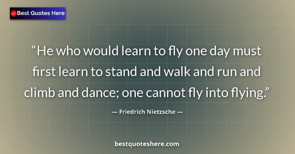 Quote by Friedrich Nietzsche: He who would learn to fly one day must first learn to stand and walk and run and climb and dance; on...
