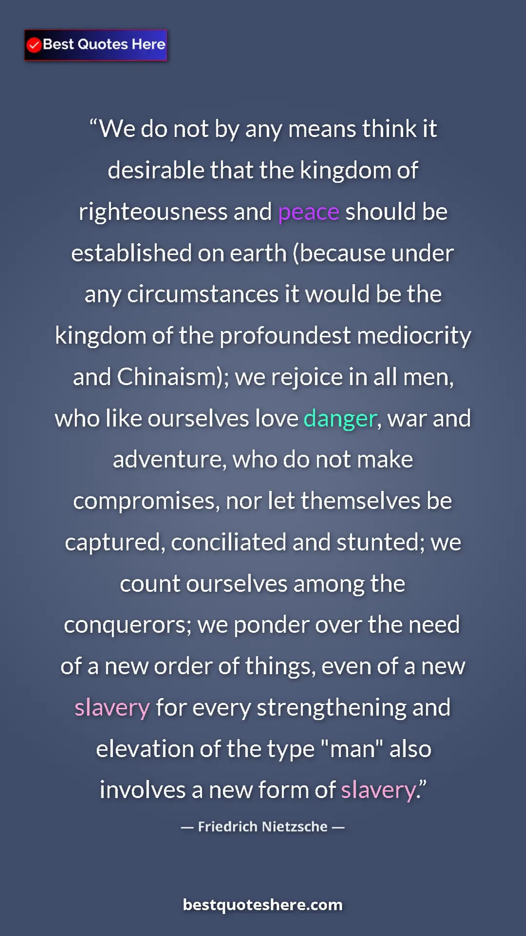 Pinterest quote poster by Friedrich Nietzsche: "We do not by any means think it desirable that the kingdom..."