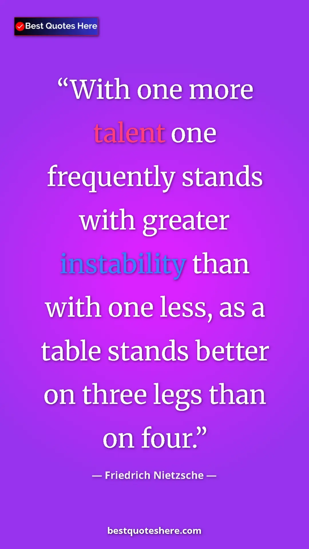 Pinterest quote poster by Friedrich Nietzsche: "With one more talent one frequently stands with greater..."