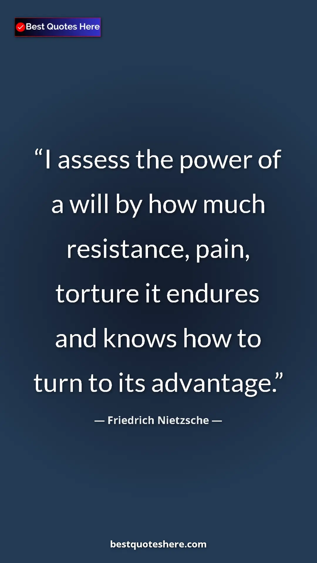 Pinterest quote poster by Friedrich Nietzsche: "I assess the power of a will by how much resistance, pain,..."